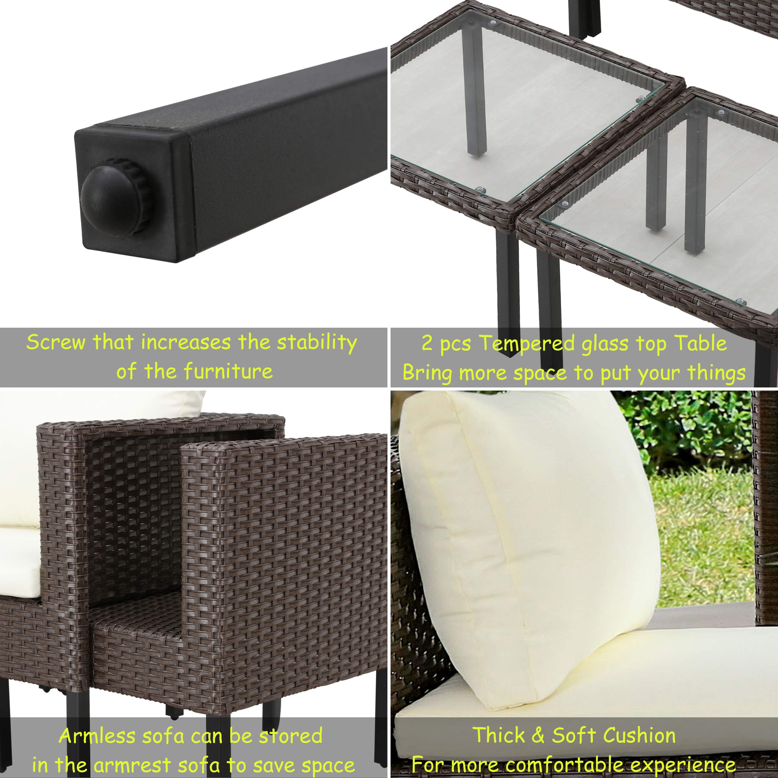 LOKATSE HOME 6-Piece All-Weather Outdoor Patio Furniture Set - Brown Wicker Rattan Sofa Chairs with Beige Cushions & Glass Coffee Table - Perfect for Garden, Poolside, and Backyard Relaxation