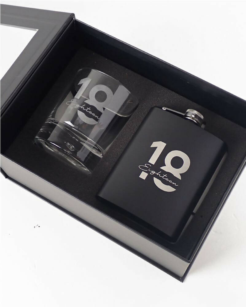 Personalized 18th Birthday Gift Set - Engraved Black Stainless Steel Hip Flask & Round Scotch Glass - Perfect for Whiskey Lovers, Graduation, Father's Day & Special Occasions