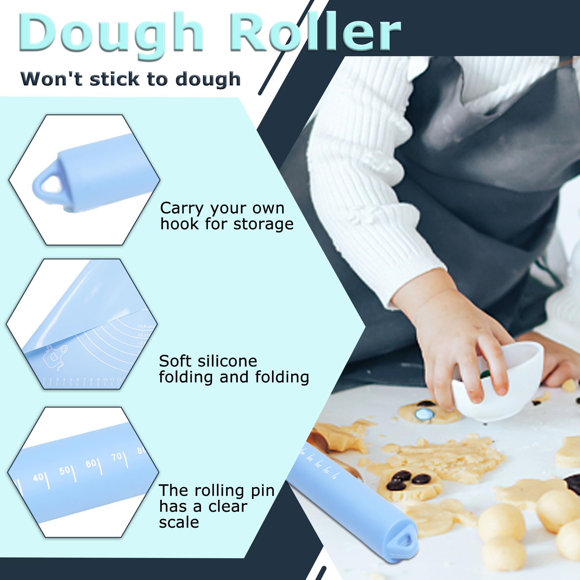 Non-Stick Silicone Rolling Pin & Baking Mat Set - Premium Dough Roller for Pizza, Biscuits, Bread & Pastry - Perfect for Home Baking, Kitchen Essentials & Holiday Cooking Gifts