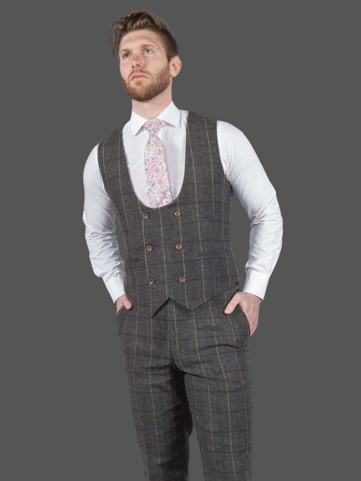 Ezra Men's Grey Herringbone Slim Fit 3 Piece Tweed Suit | Formal Business Attire | Wedding, Office & Special Occasion Outfit