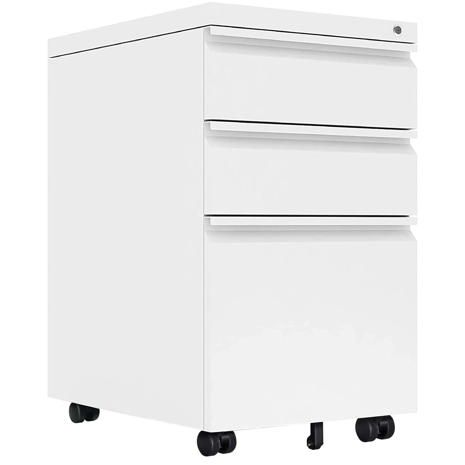 3-Drawer Rolling File Cabinet with Lock - Under Desk Mobile Storage Organizer - White Metal Filing Cabinet with Wheels for Legal/Letter Size Documents - Perfect for Home Office, Classroom & Small Business Organization