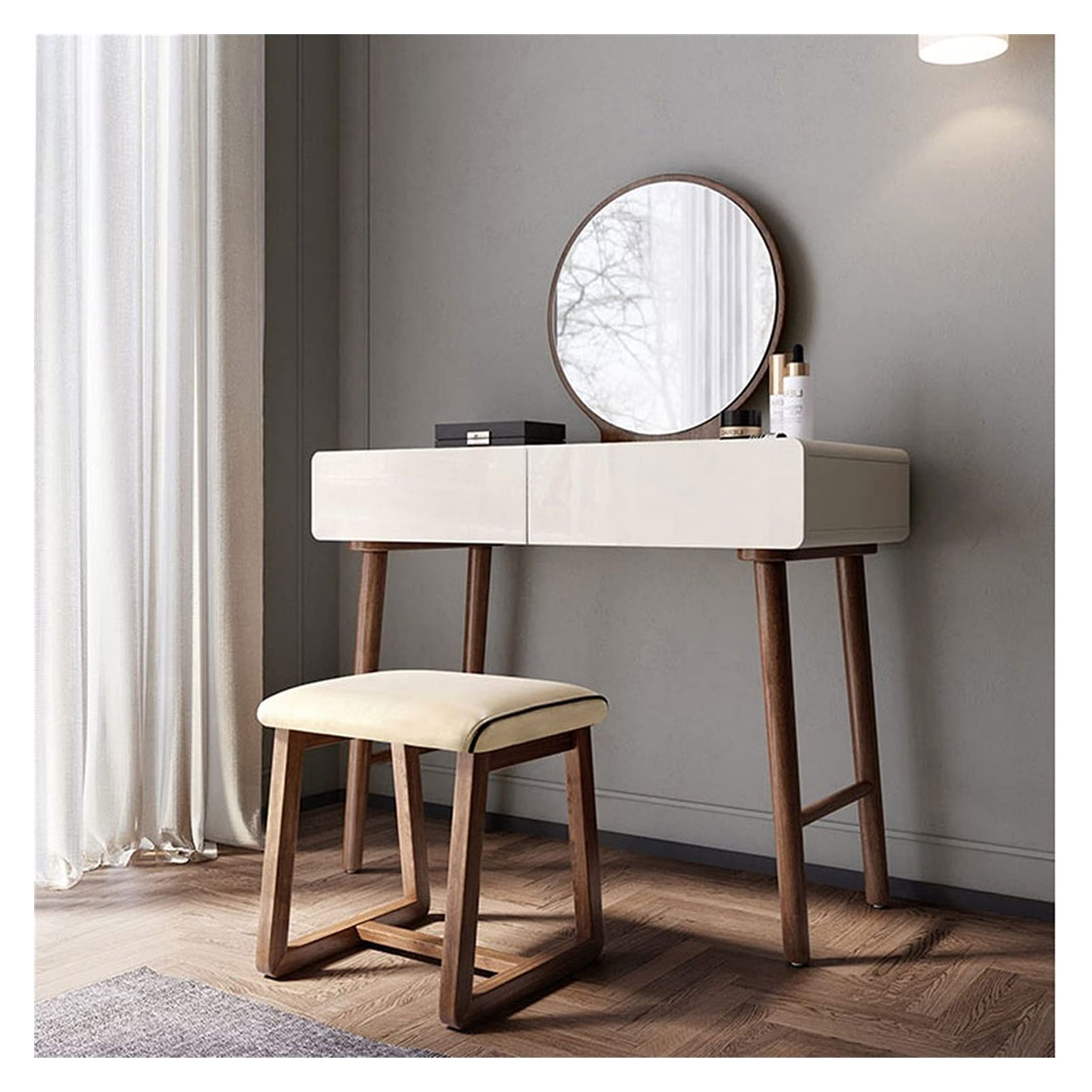 JBShop Solid Wood Vanity Table with Stool - Small Makeup Dressing Table for Bedroom, Storage Cabinet & Side Table - Perfect for Beauty Routine, Cosmetics Organization & Bedroom Decor