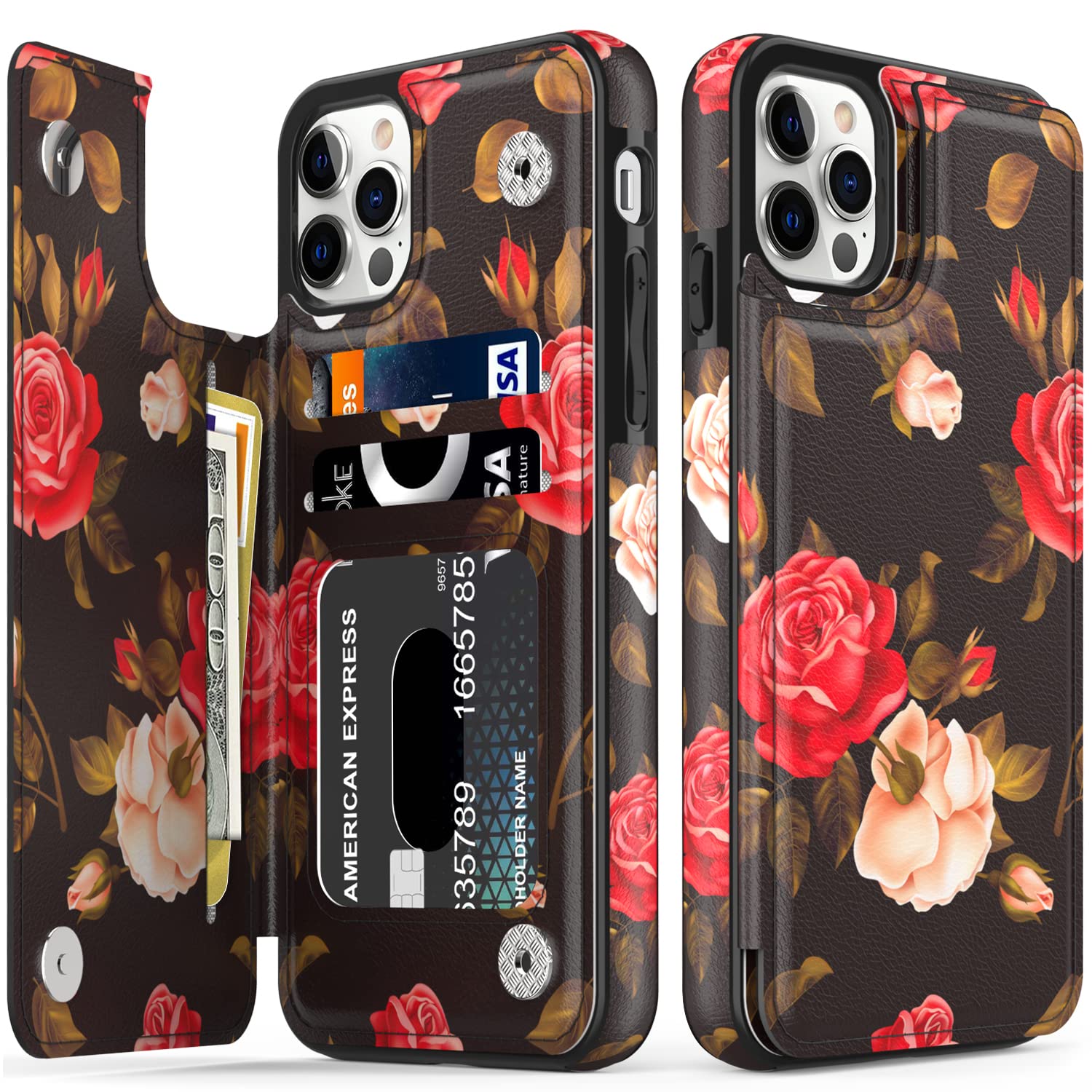 LETO iPhone 13 Pro Max Leather Wallet Case - Premium Flip Folio Cover with Floral Design, 3 Card Slots & Kickstand | Protective Phone Case for Women | Perfect for Work, Travel & Everyday Use (6.7 Inch)