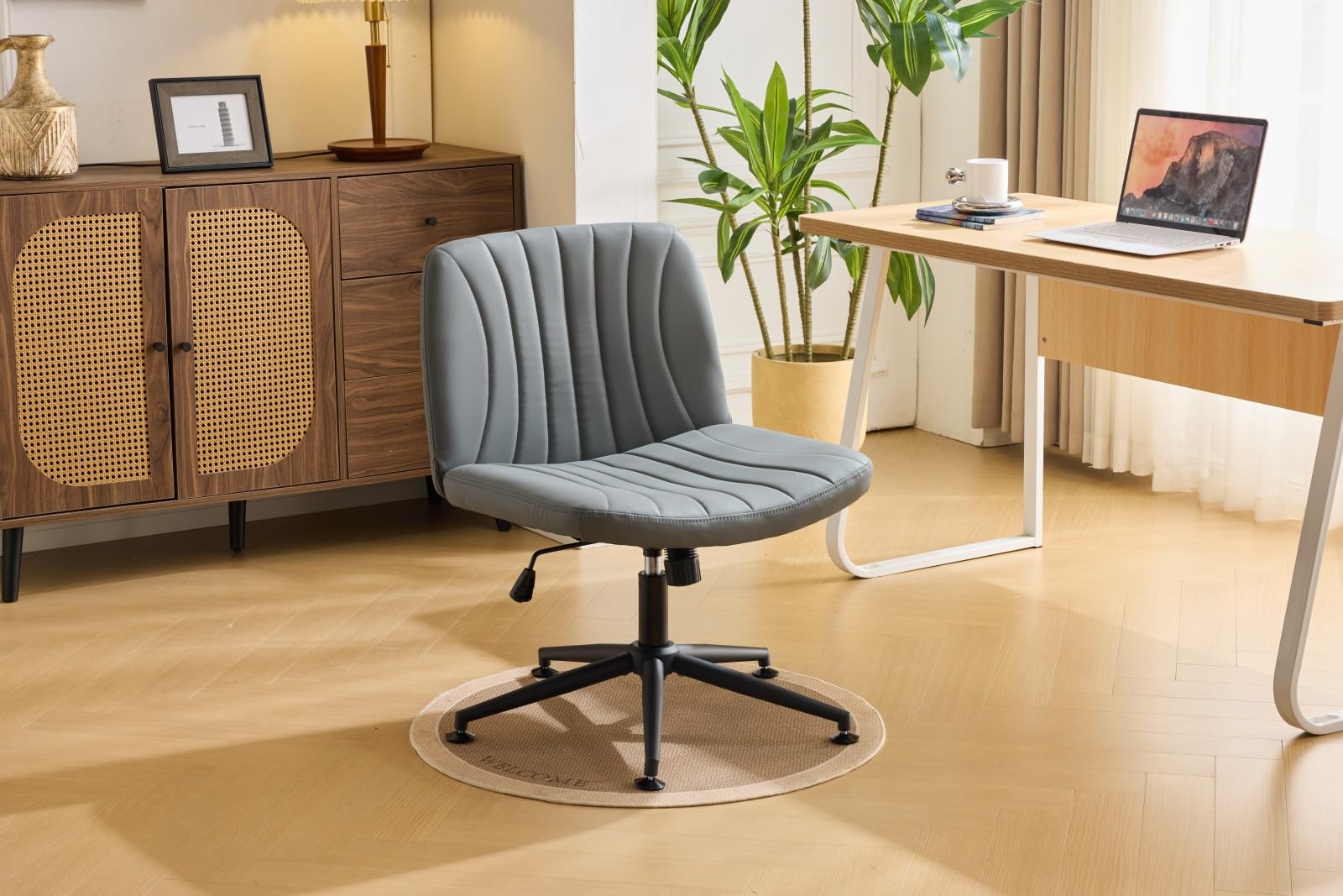 VINGLI Criss Cross Legged Office Chair - Wide Comfortable Computer Desk Chair with/without Wheels - Swivel Armless Rolling Task Chair for Home Office, Study, Makeup - Scratch-Resistant PU Leather in Grey - Perfect for Small Spaces & Cat Owners