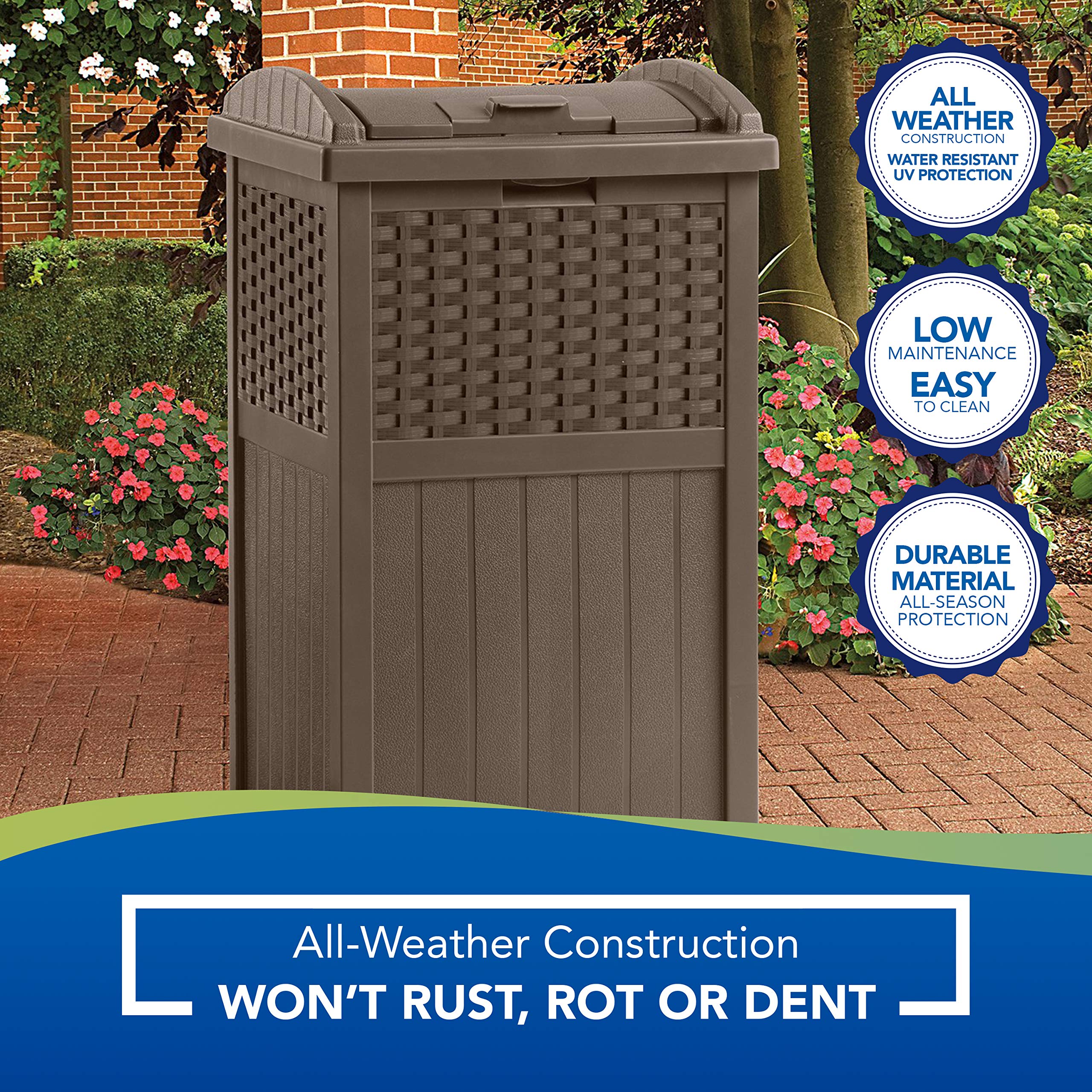 Rubbermaid 123-Gallon Outdoor Storage Deck Box with Suncast 33-Gallon Trash Can - Waterproof Patio Furniture Storage Solution for Backyard, Deck, and Garden Organization