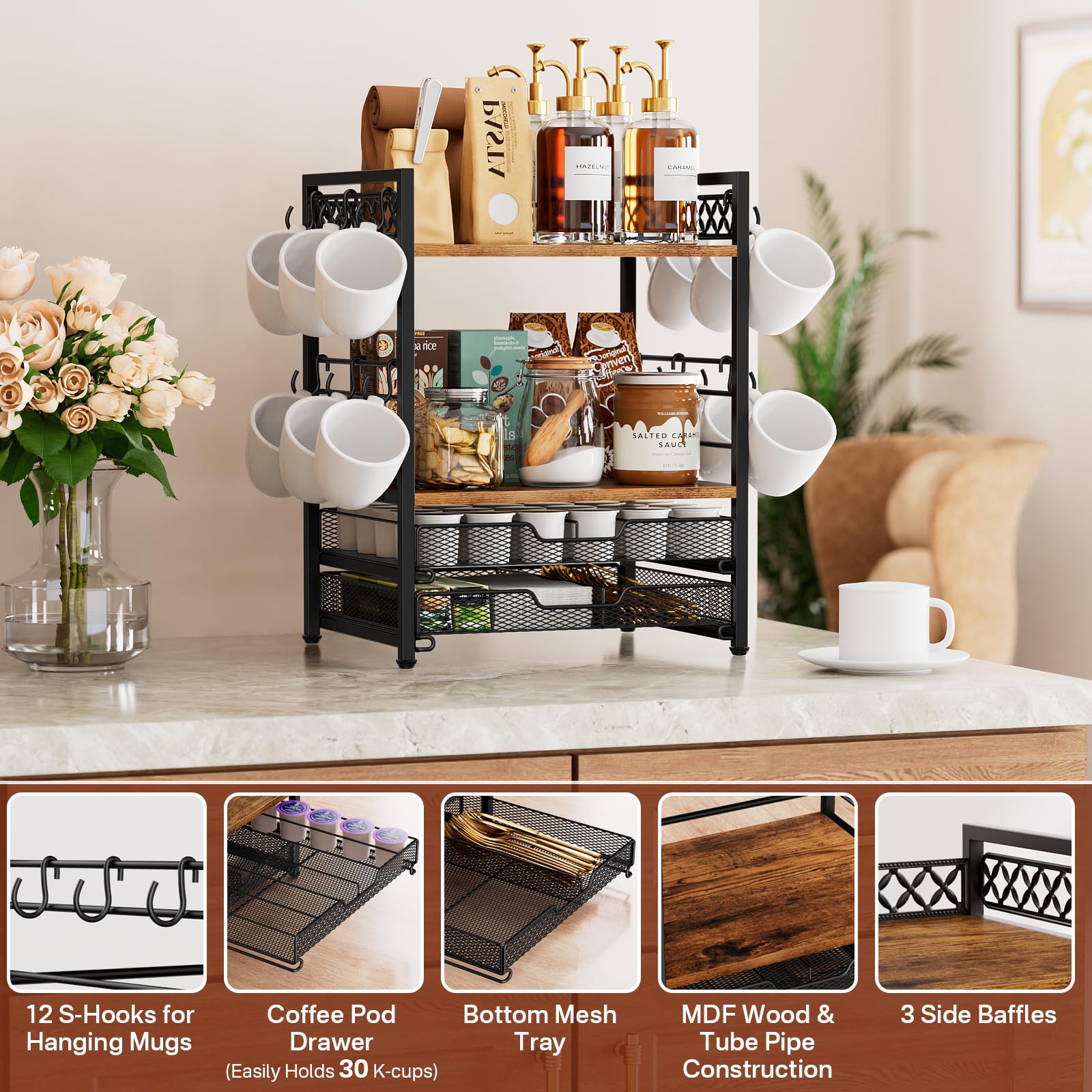 4-Tier Coffee Bar Organizer with 12 Hooks & 30 K-Cup Pod Drawer - Multifunctional Kitchen Countertop Shelf for Mugs, Accessories | Perfect for Home, Office & Coffee Station Organization