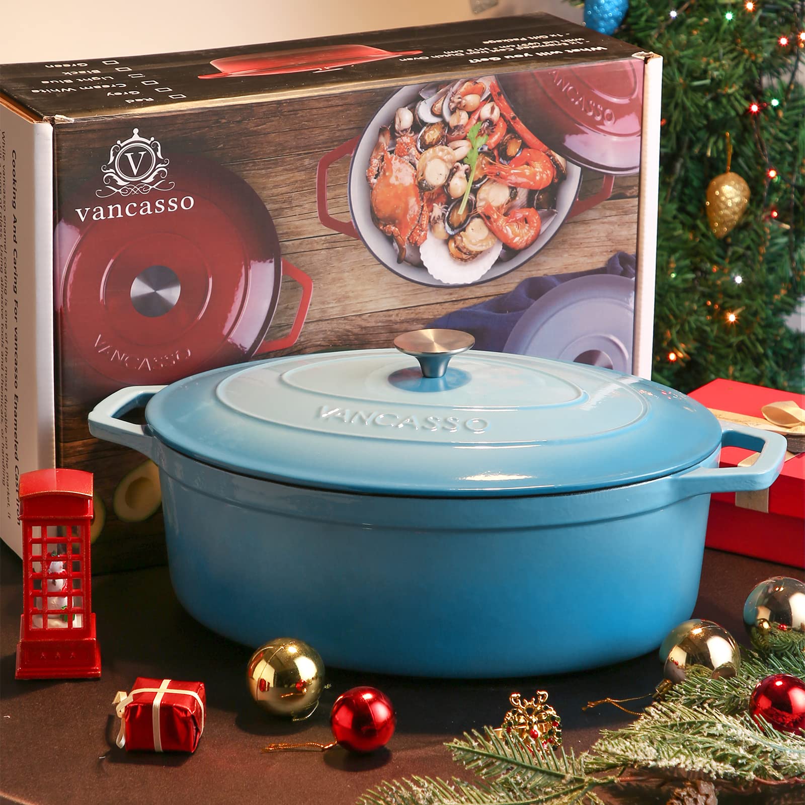 Vancasso 9.3 Quart Enameled Cast Iron Dutch Oven with Lid - Non-Stick Oval Pot for Bread Baking, Soups, Stews & Braising - Light Blue Kitchen Cookware for Home & Professional Chefs