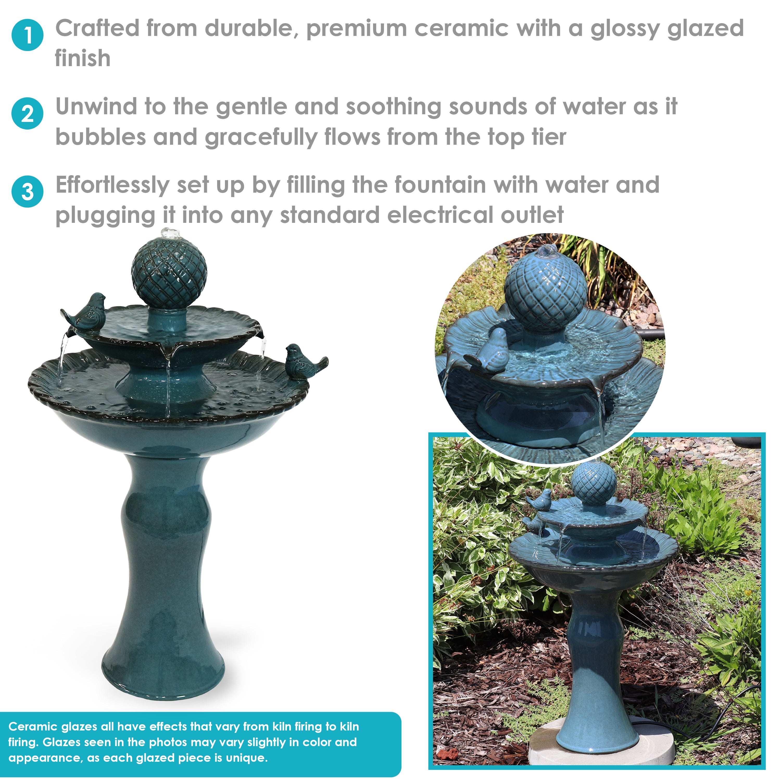 Sunnydaze 2-Tier Ceramic Outdoor Water Fountain with Resting Birds - 27 Inch Garden Decor for Patio, Yard & Backyard - Relaxing Water Feature for Outdoor Spaces