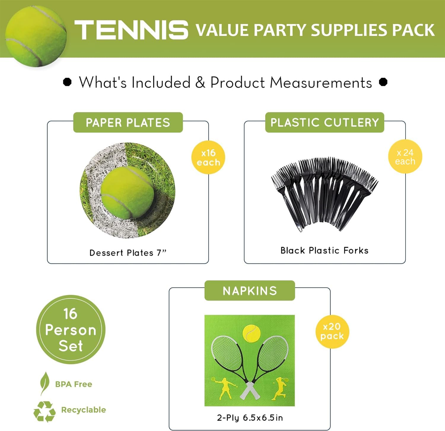 Blue Orchards Tennis Party Supplies Set - 60-Piece Decorations Kit for 16 Guests, Includes Ball Plates & Napkins - Perfect for Sports Themed Birthday Parties, Game Day Decorations & Tennis Tournament Events