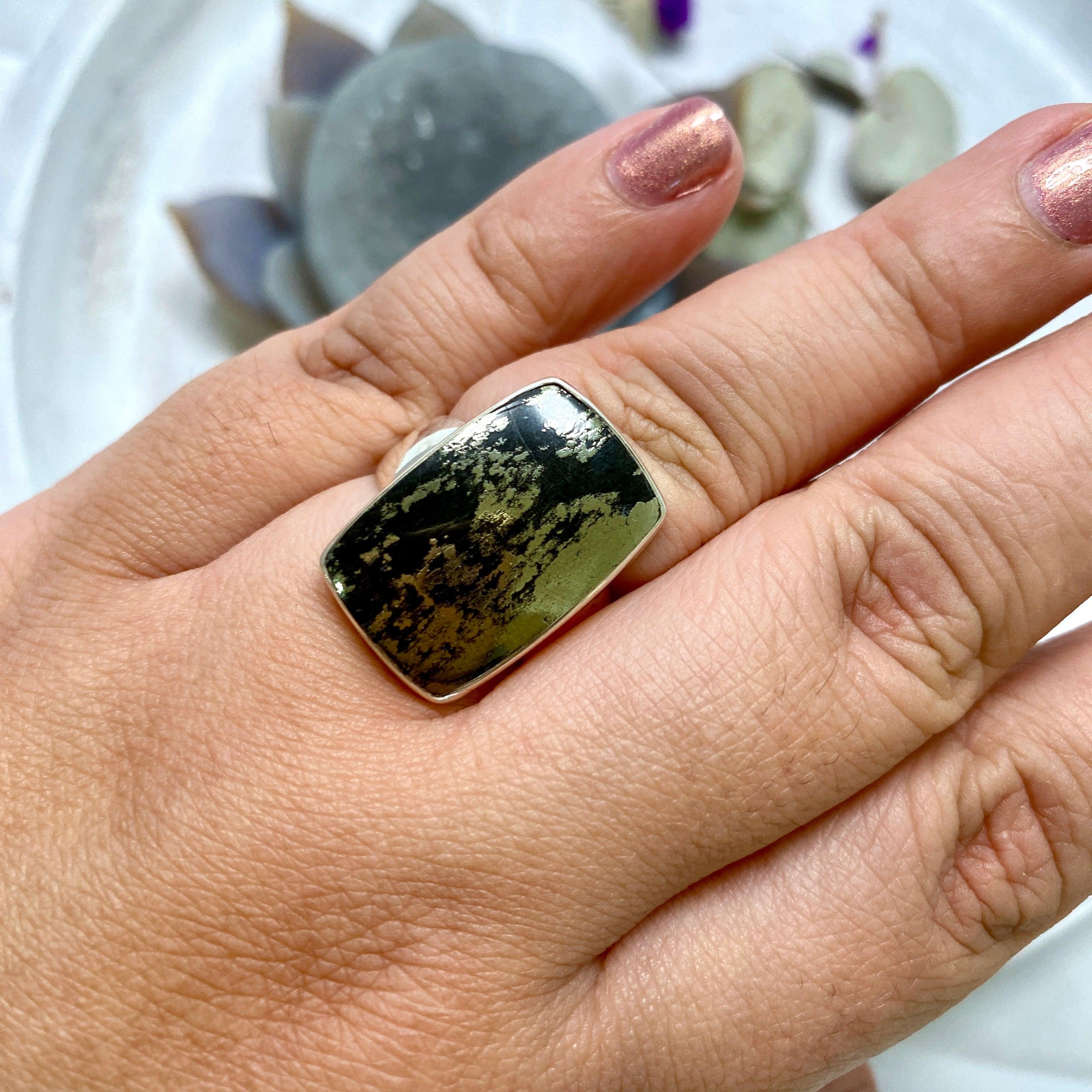 Healer's Gold (Pyrite in Magnetite) Rectangular Ring Size 11 - KRGJ2404 | Spiritual Jewelry for Energy Healing & Chakra Balancing