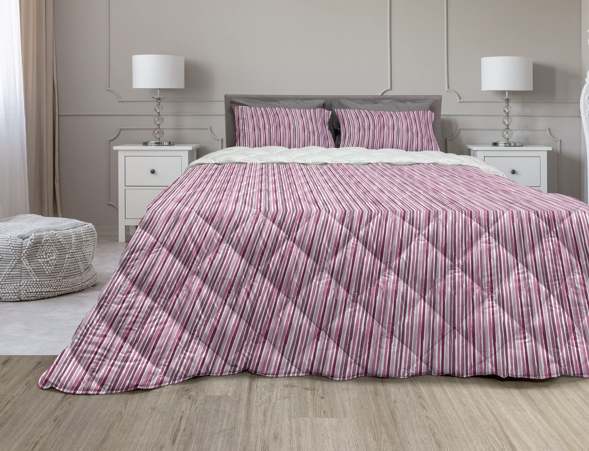 Ambesonne Striped Comforter Set Queen Size - 3 Piece Duvet Cover & Sham Set with Microfiber Filling, Hand-Painted Monochrome Brush Stroke Design in Mauve Taupe & Pink - Perfect for Modern Bedroom Decor & Guest Room Styling