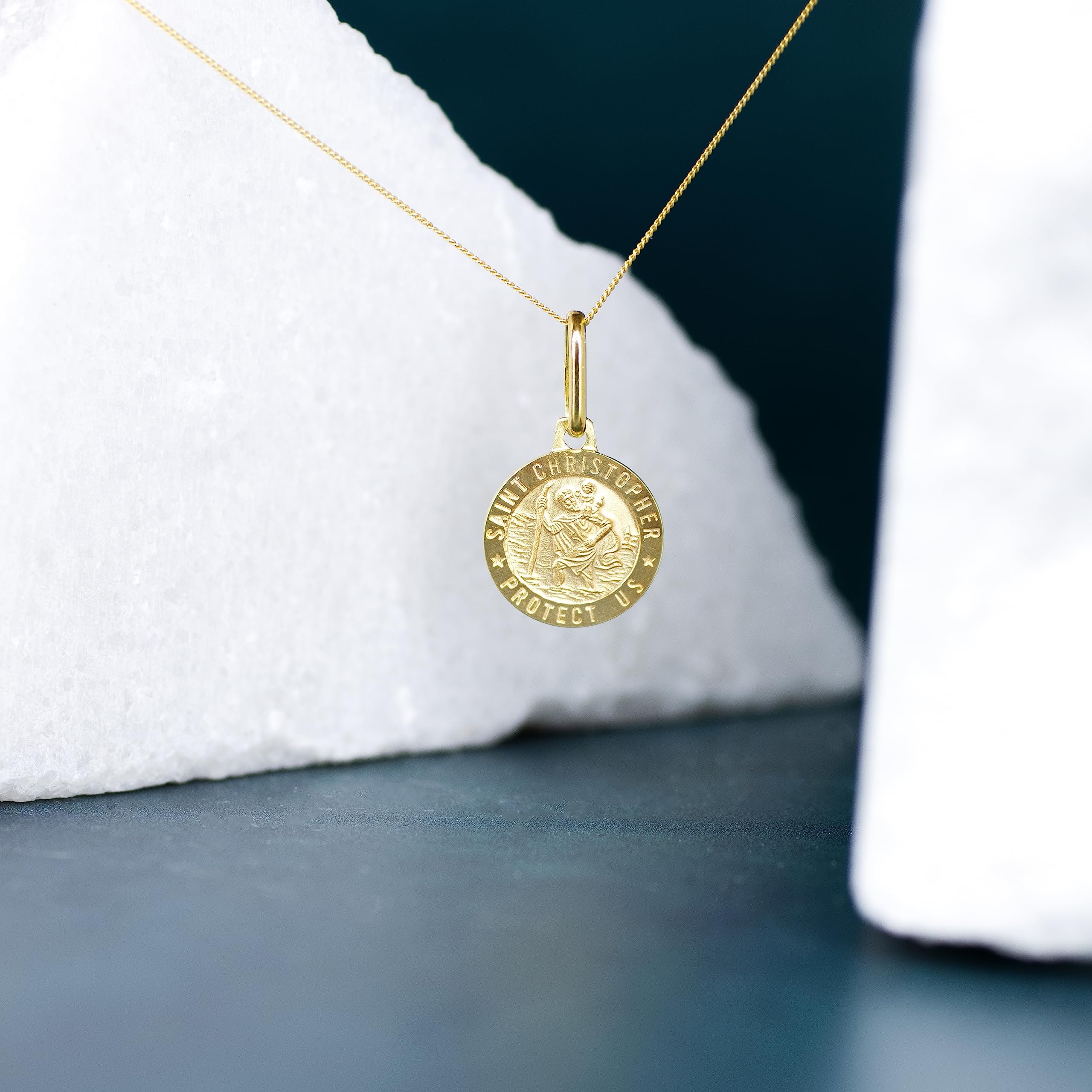 Carissima Unisex 9ct Gold St. Christopher Medal Pendant Necklace - 12mm Round Religious Jewelry with Diamond Cut Curb Chain for Men & Women - Perfect for Travel Protection, Baptism Gifts & Everyday Wear