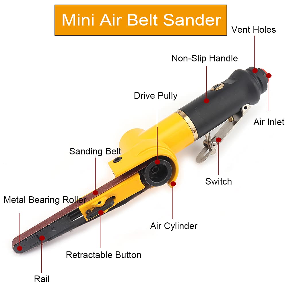 38 Pneumatic Air Belt Sander Kit with 14Pcs Sanding Belts (Grit 60/80/120) - Mini Air Belt Grinder Tool for Aluminum, Iron & Steel Metal Polishing - Perfect for Automotive, Woodworking & DIY Metal Projects