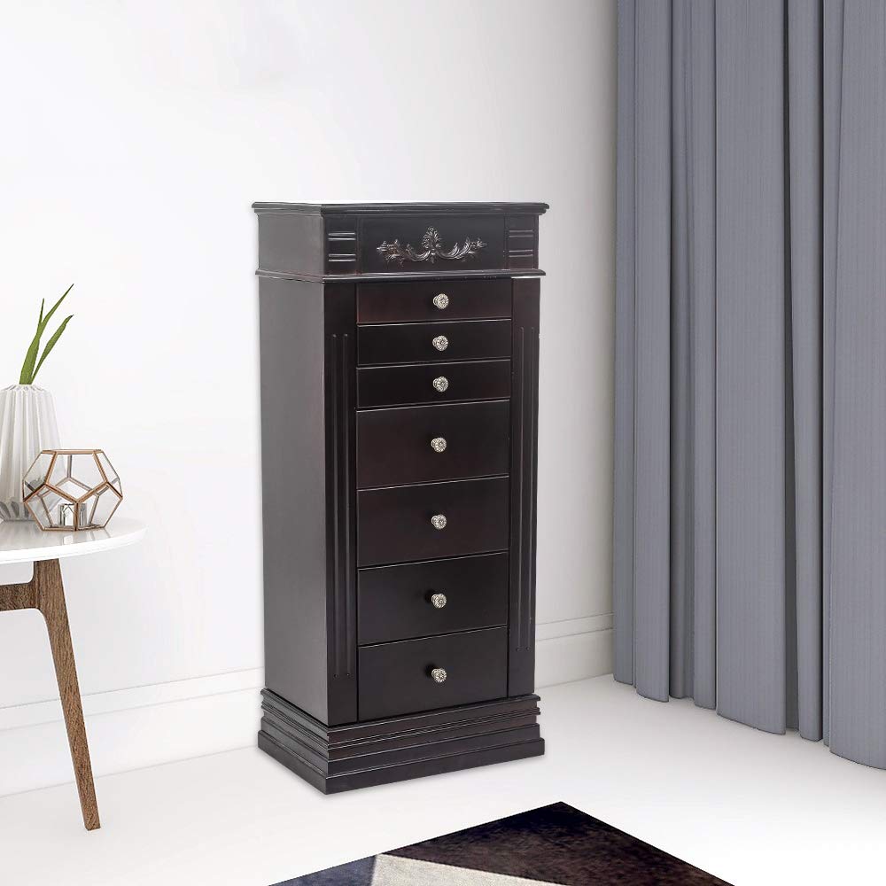 8-Drawer Standing Jewelry Armoire Cabinet with Mirror - Wooden Jewelry Organizer with 2 Side Doors & 16 Necklace Hooks - Perfect for Bedroom, Closet & Dressing Room Storage
