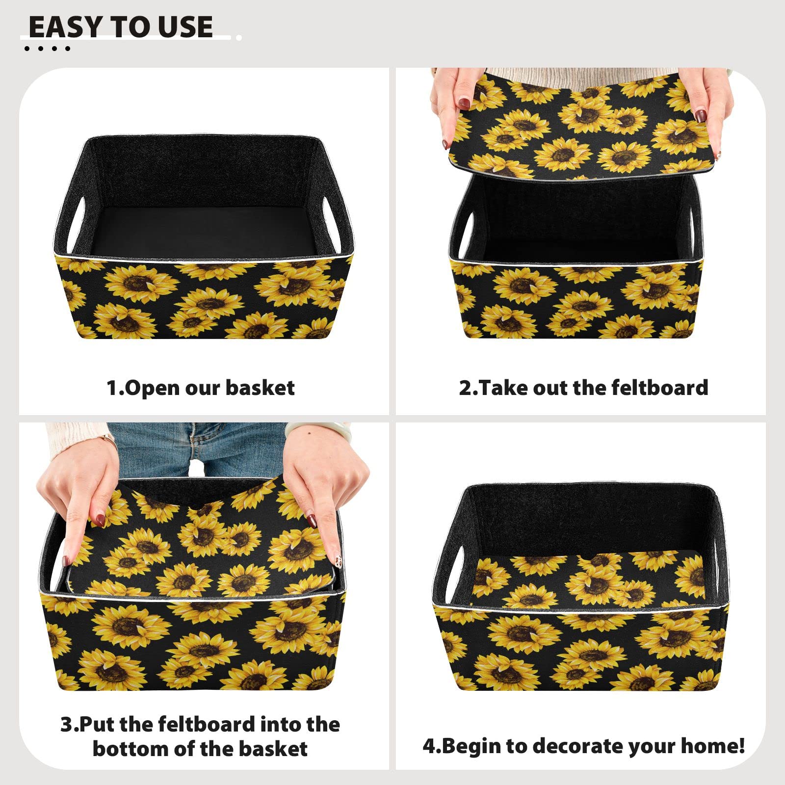Emelivor 2-Pack Black Sunflower Collapsible Storage Bins with Handles - Foldable Felt Baskets for Kids Toys, Pet Supplies, Books & Clothes - Perfect for Nursery, Playroom, Closet & Cabinet Organization