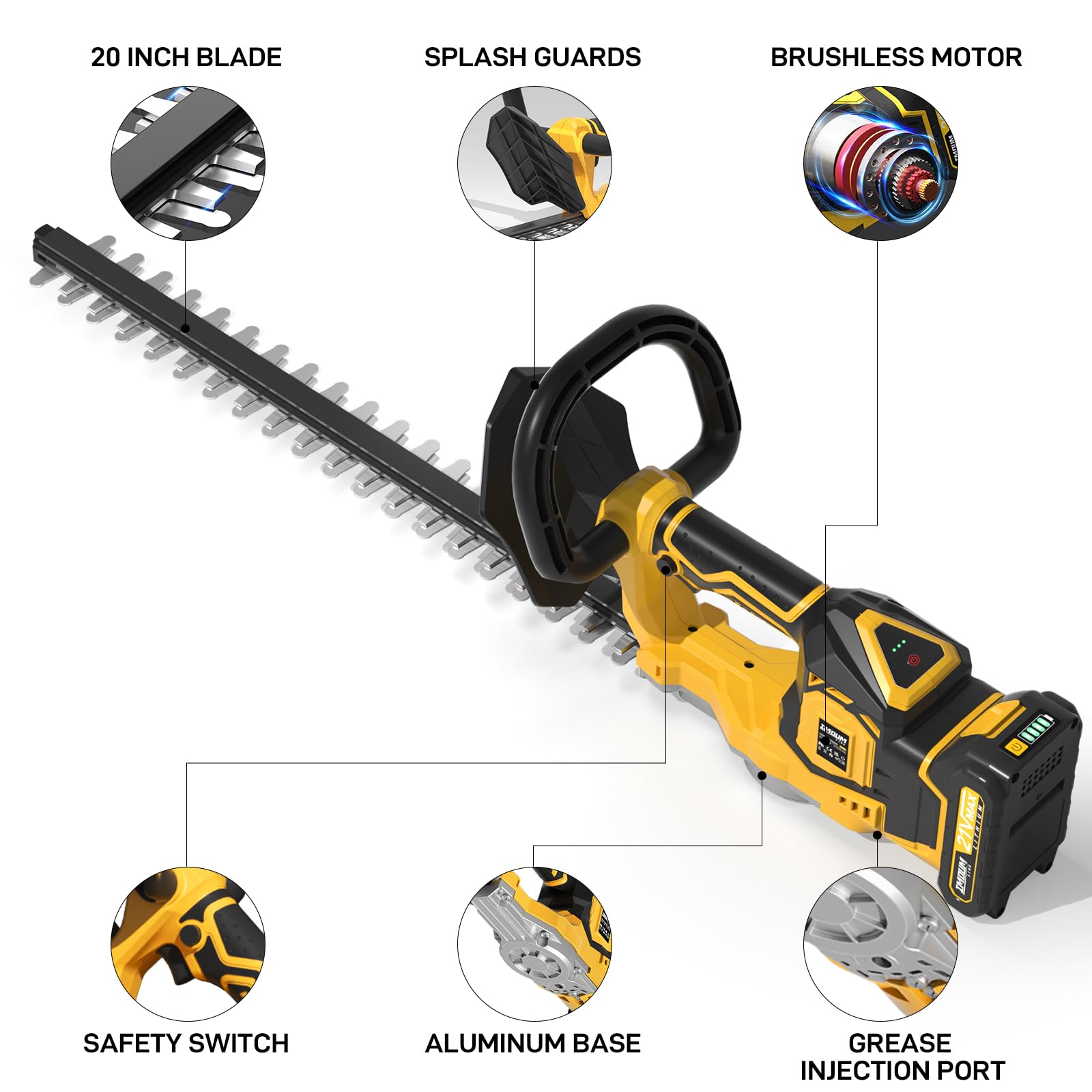 Cordless Hedge Trimmer with Battery & Charger - 20 Inch Electric Shrub Trimmer, 3000RPM Brushless Motor, 1/2 Inch Cutting Capacity, Lightweight 4.4LBS - Compatible with Extension Pole for Lawn Care, Garden Maintenance & Landscaping