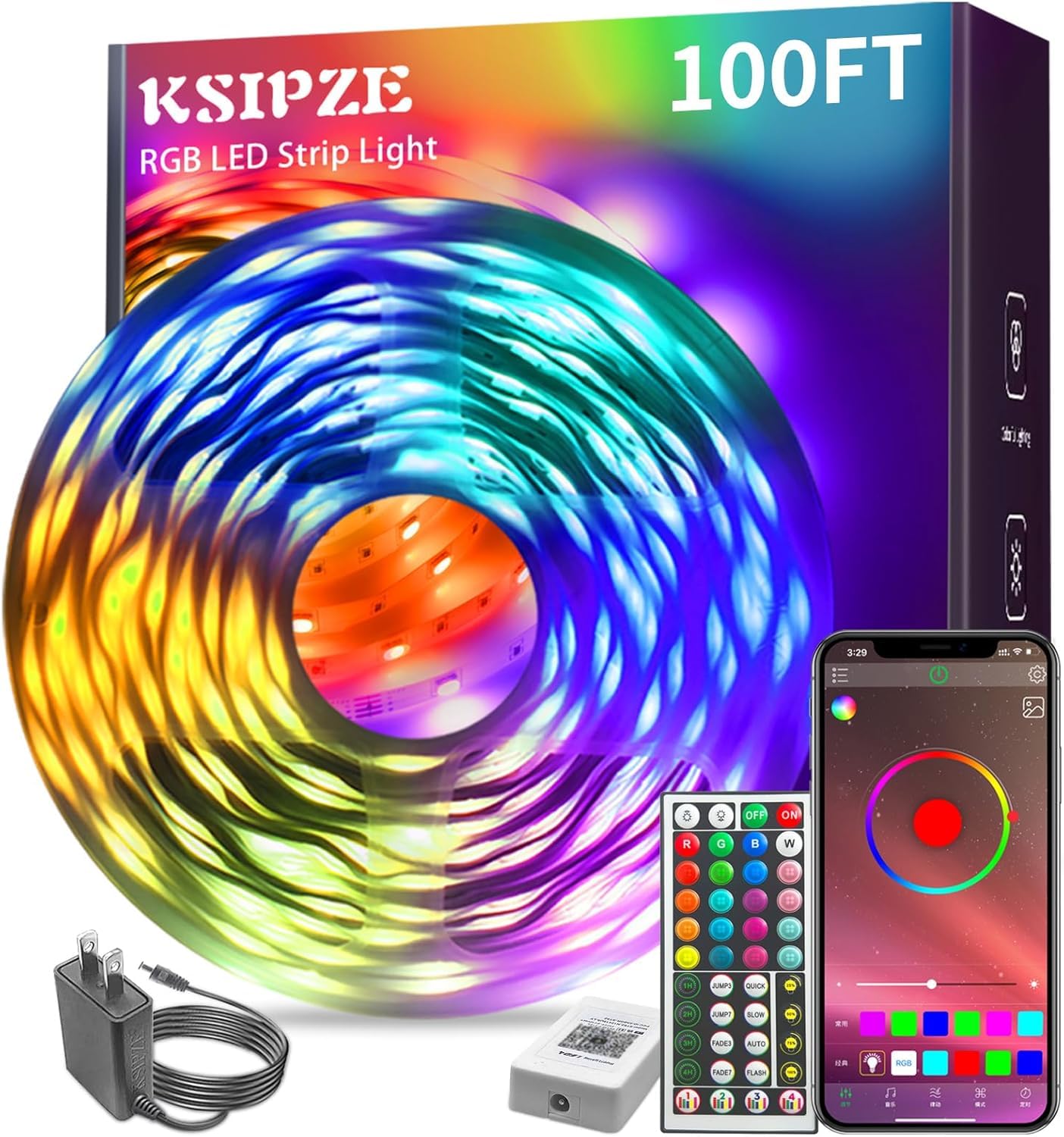 KSIPZE 100ft RGB LED Strip Lights with Music Sync & Bluetooth Control - Smart App & Remote Color Changing Lights for Bedroom, Home Decor, Party & Gaming Setup