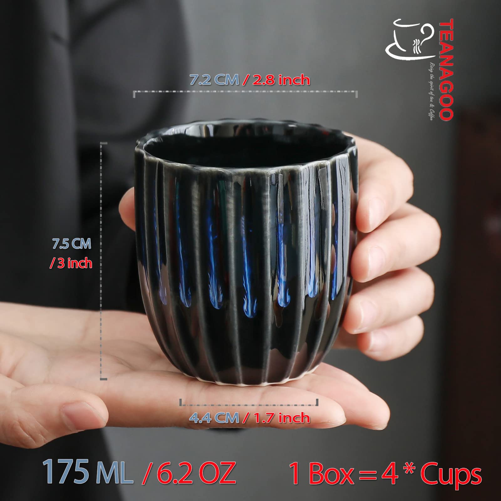 TEANAGOO 6.5 Oz Chinese Ceramic Tea Cups Set of 4 - Handmade Junware Blue Porcelain Cups for Green Tea, Matcha & Oolong - Traditional Asian Tea Ceremony, Home Decor & Gift (TG-H15)