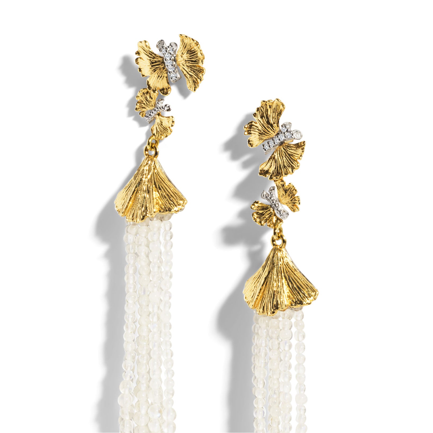 Butterfly Ginkgo Leaf Tassel Earrings with Moonstone & Diamond Accents - Elegant Dangle Earrings for Women, Perfect for Weddings, Parties & Special Occasions