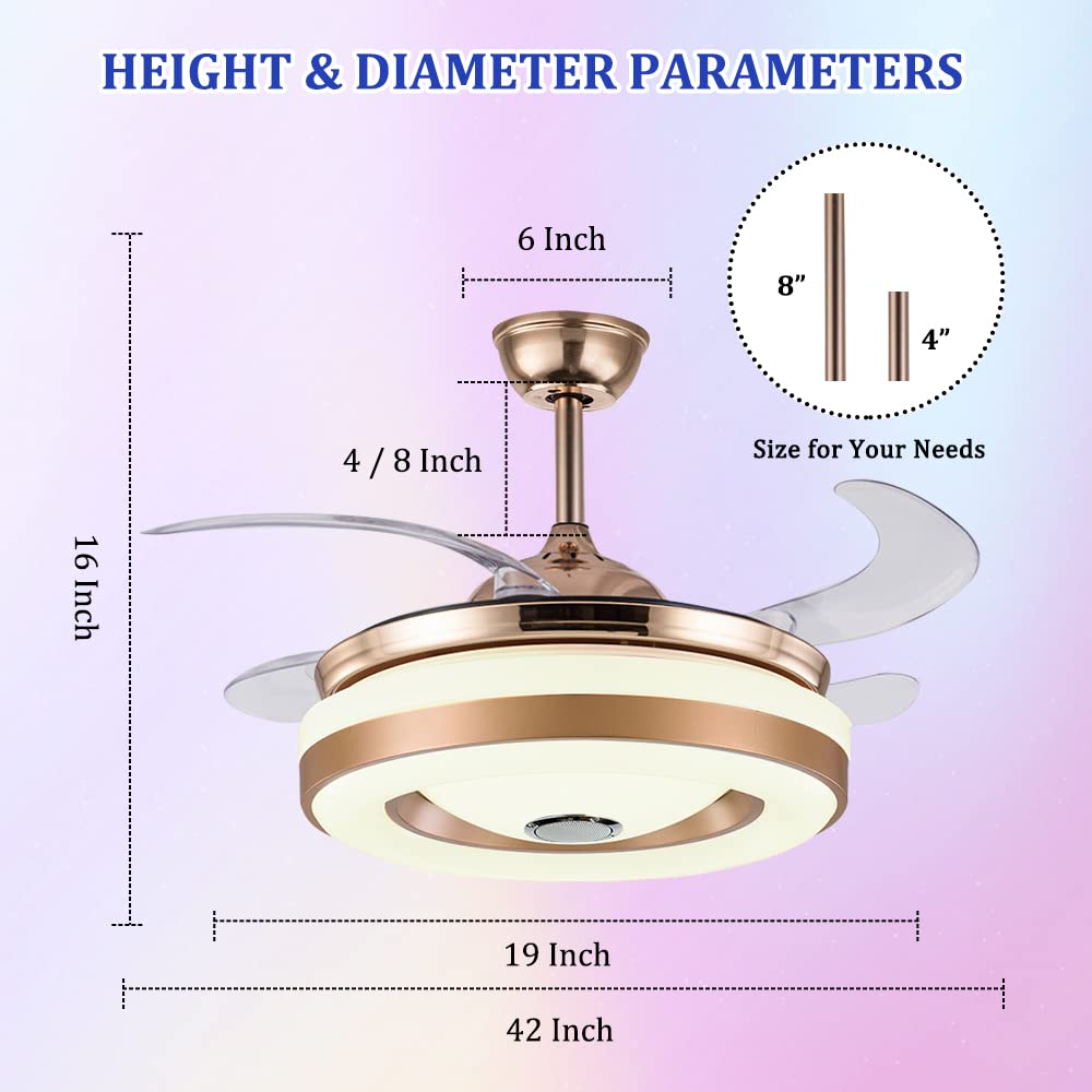 42 Inch Smart Retractable Ceiling Fan with LED Light & Remote Control - Modern Low Profile Hidden Chandelier Fan for Bedroom, Dining & Living Room - Ultra Quiet, Multi-Speed, Dimmable Lighting for Year-Round Comfort