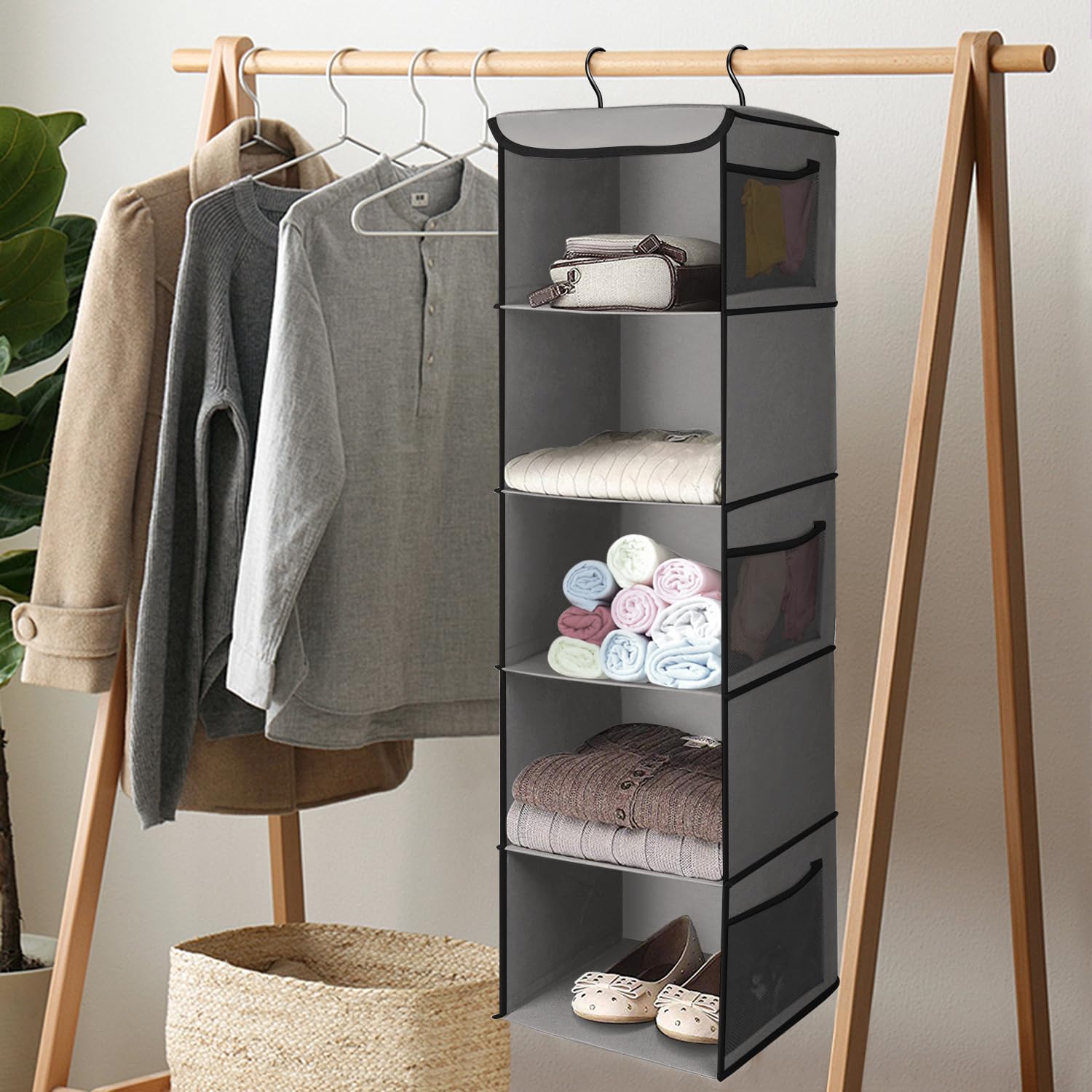 Flexzion 5-Tier Hanging Shoe Organizer with 6 Mesh Pockets - Space Saving Closet Storage for Shoes, Clothes & Accessories - Over The Door or Wall Mount Design - Perfect for Bedroom, Bathroom & Wardrobe Organization (Brown)