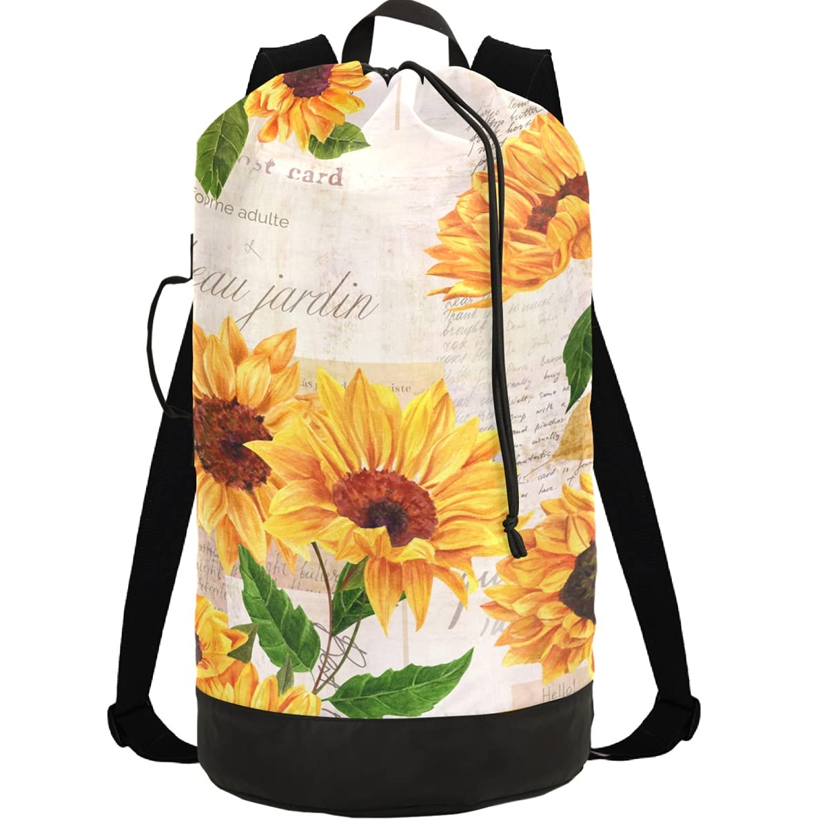 Vintage Sunflower Laundry Backpack - Adjustable Strap Washable Heavy Duty Travel Laundry Bag for College Dorm, Gym & Camping - Large Capacity Clothes Storage Organizer