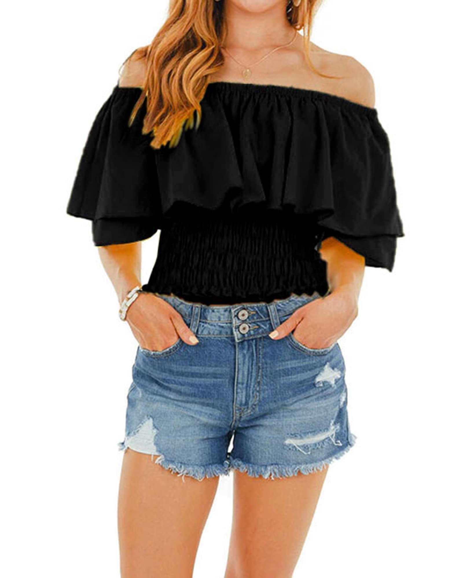 HibluCo Women's Off Shoulder Ruffled Crop Top - Smocked Waist Summer Blouse for Beach, Party & Casual Outfits