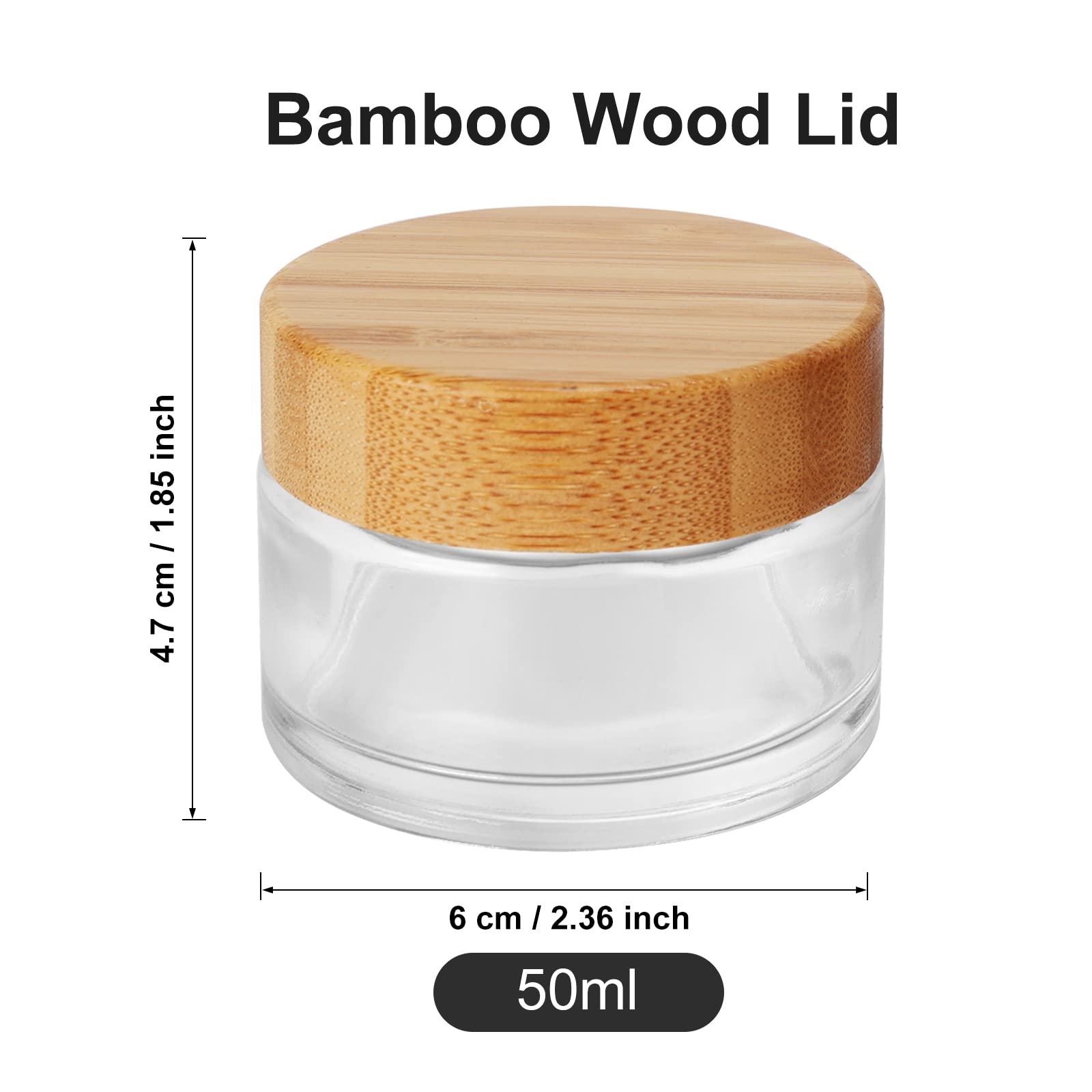 1.7oz (50ml) Clear Round Glass Jars with Bamboo Wood Lids & Seal - Refillable Travel Containers for Lip Balm, Cream, Makeup, Eyeshadow, Slime | Perfect for DIY Cosmetics, Toiletries & Craft Storage | Home, Salon & Travel Use