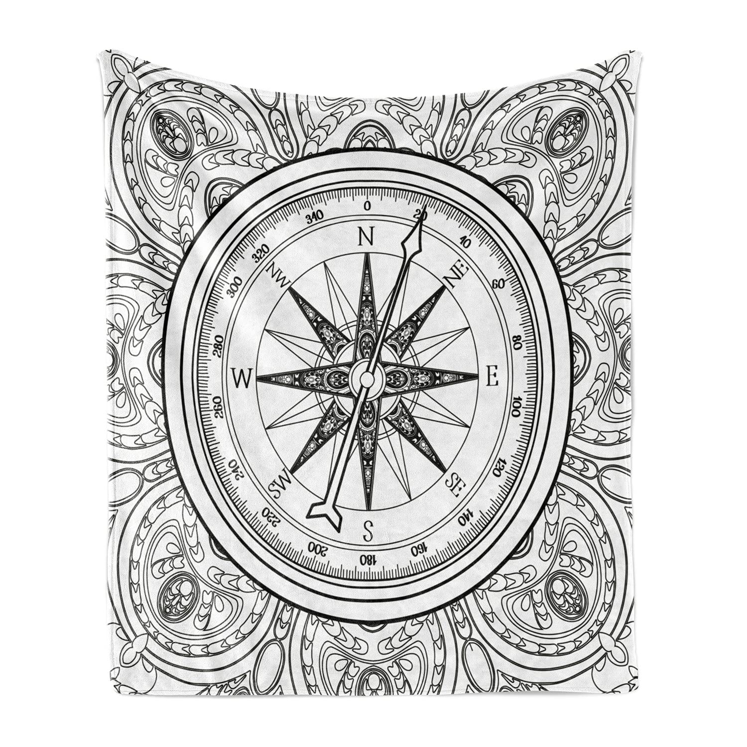 Ambesonne Compass Throw Blanket - Nautical Windrose Line Art Design, Soft Flannel Fleece Accent Blanket for Couch, Bed & Sofa (60x80 Inches, Black & White) | Perfect for Coastal Decor, Living Room Accents & Gift Giving