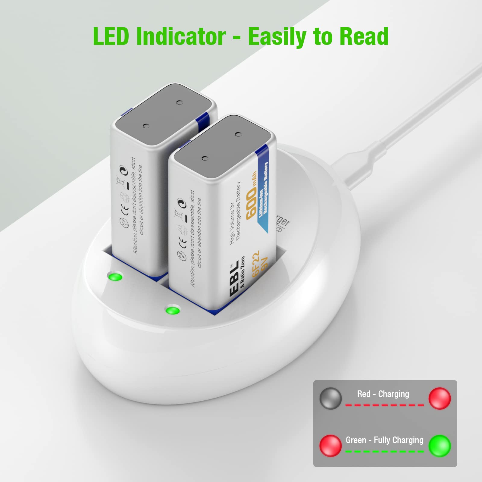 EBL 2 Bay Smart 9V Battery Charger for Rechargeable NiMH Batteries - Fast Charging with LED Display - Perfect for Smoke Detectors, Guitar Pedals & Medical Devices