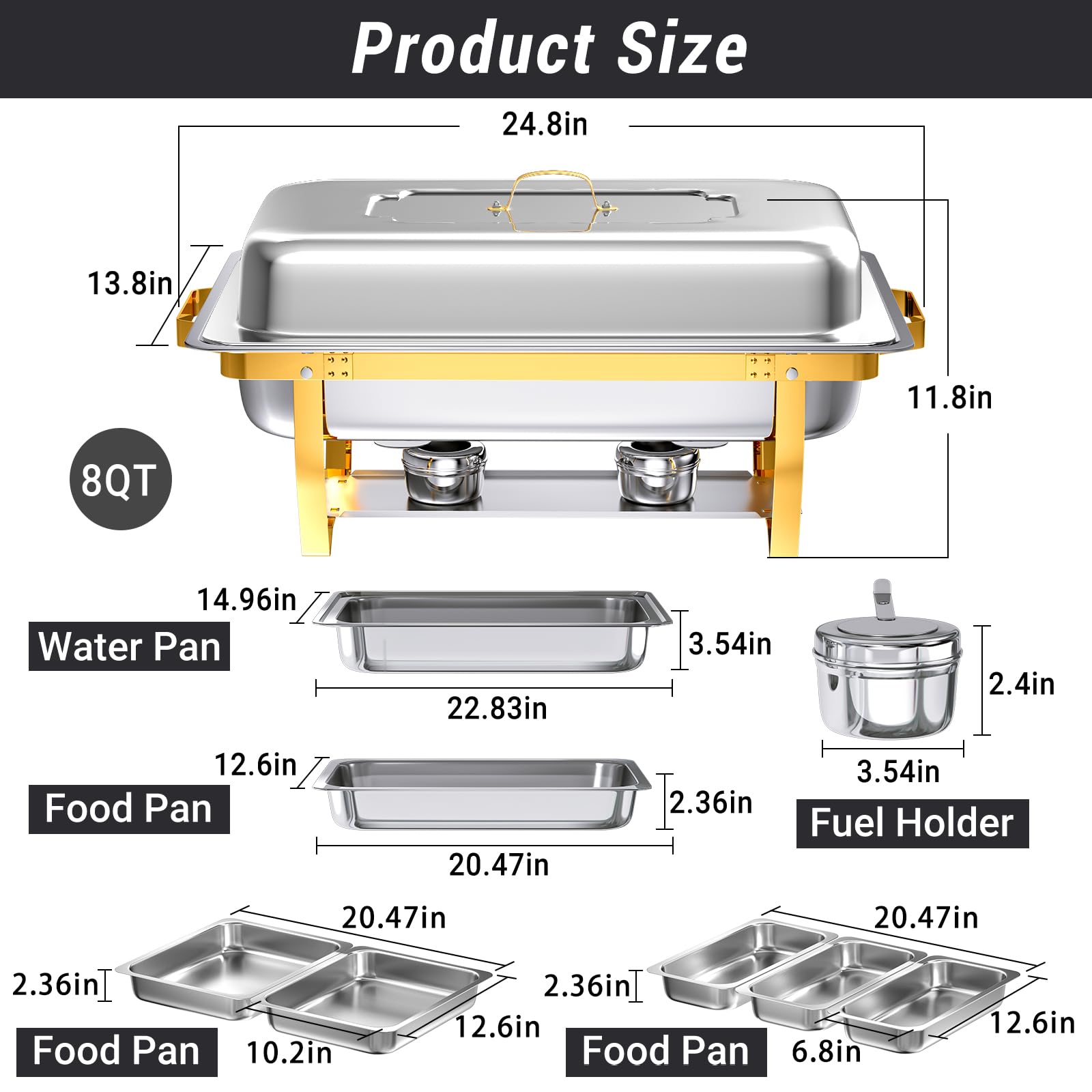 8 Qt Premium Stainless Steel Chafing Dish Buffet Set - 4 Pack with 7 Pans, Rolled-Edge Design for Food Warming - Perfect for Parties, Weddings, Catering, Camping & Outdoor Events (Half Gold Finish)