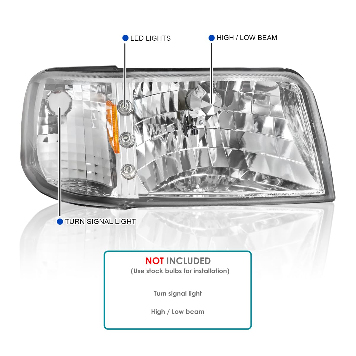Spec-D Tuning Chrome LED Headlights with Clear Lens & Corner Lights - Compatible with 1993-1997 Ford Ranger (Left & Right Pair) | Durable Replacement Headlight Assembly for Off-Road & Night Driving
