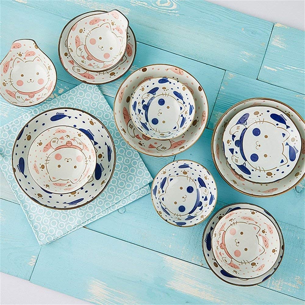 Lucky Cat Ceramic Bowl Set - 4-Piece Pink Tableware for Dining, Soup, Salad, Ramen, Rice, Dessert & Cereal | Durable Dish Plates for Home, Restaurant & Gift Use