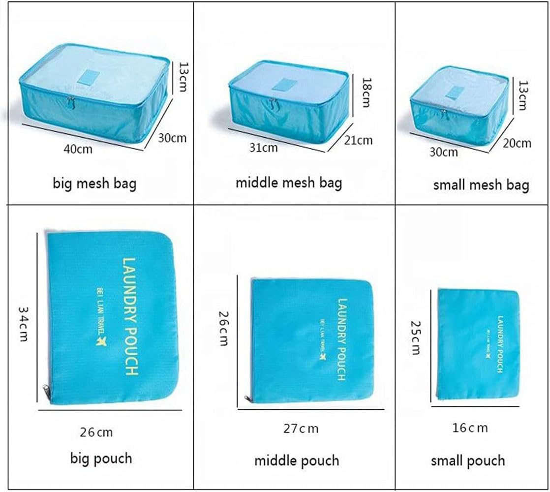 MOCOFO 6-Piece Travel Luggage Storage Bag Set - 3 Packing Cubes + 3 Small Garment Organizers for Suitcases (Blue) | Perfect for Airplane Carry-On, Vacation Packing & Closet Organization