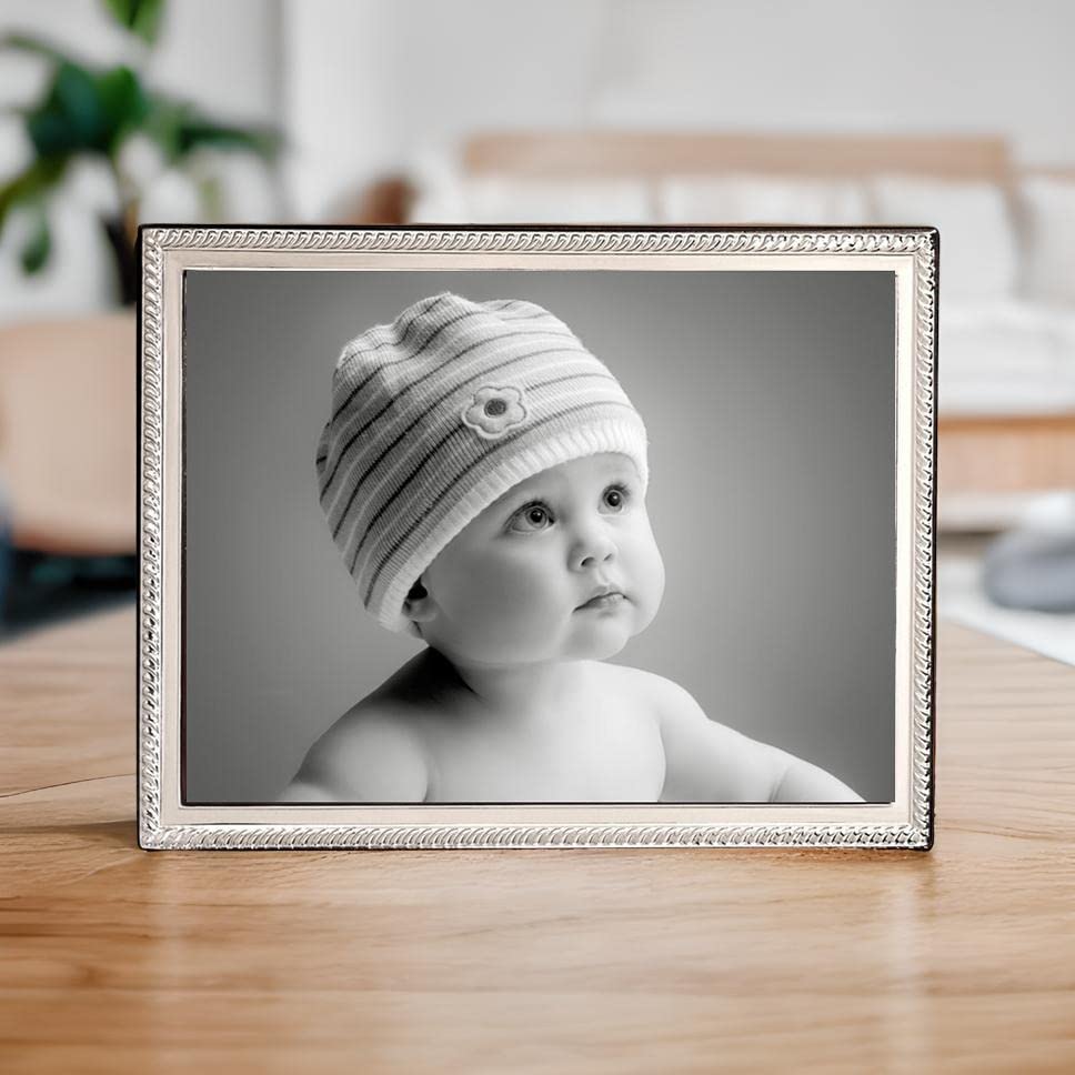 CUNILL Sterling Silver 5x7 Picture Frame - Slim Rope Design, Tarnish Resistant with Mahogany Wood Back - Perfect for 5