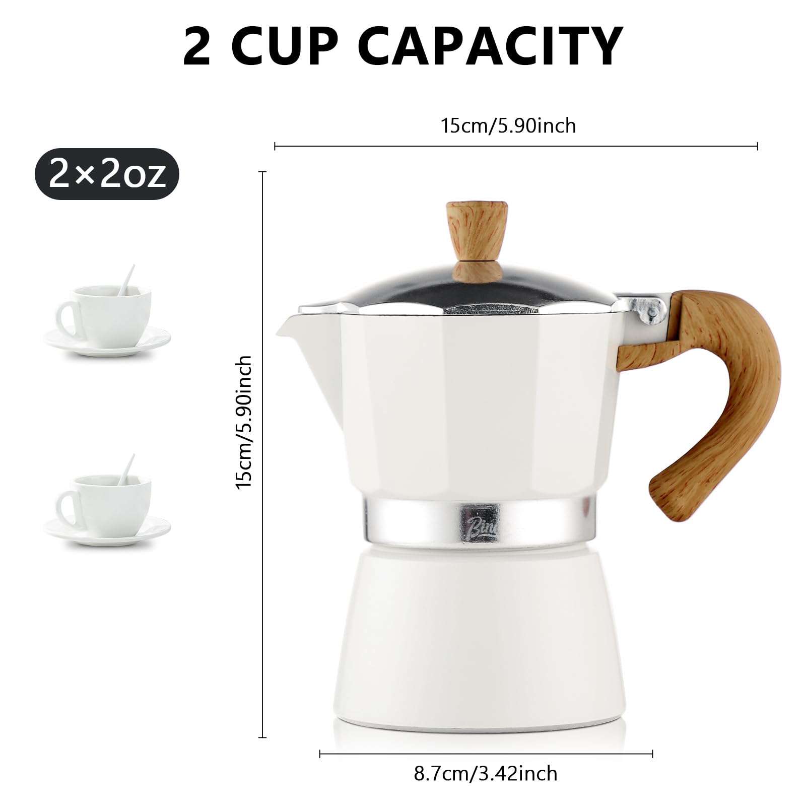 Bincoo 2 Cup (120ML) Stovetop Espresso Maker - Italian Moka Pot for Camping & Home Use - Easy to Use Coffee Maker (White) - Perfect for Outdoor Adventures & Morning Coffee Rituals