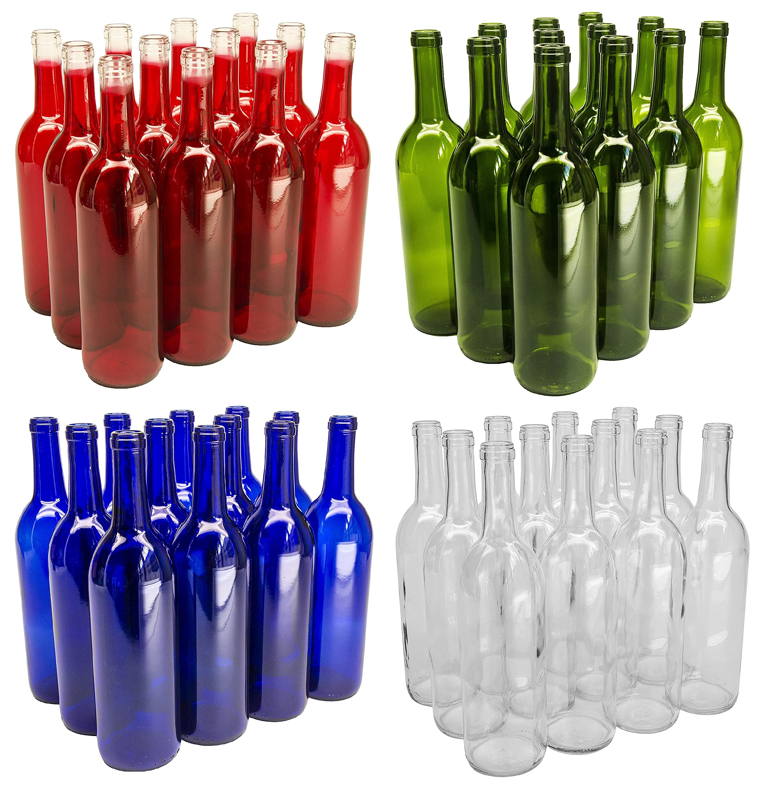 Premium 750ml Bordeaux Wine Bottles - Set of 48 (12 Red, 12 Green, 12 Blue, 12 Clear) Flat-Bottomed Glass Bottles with Cork Finish - Perfect for Home Brewing, Wine Making & DIY Craft Projects