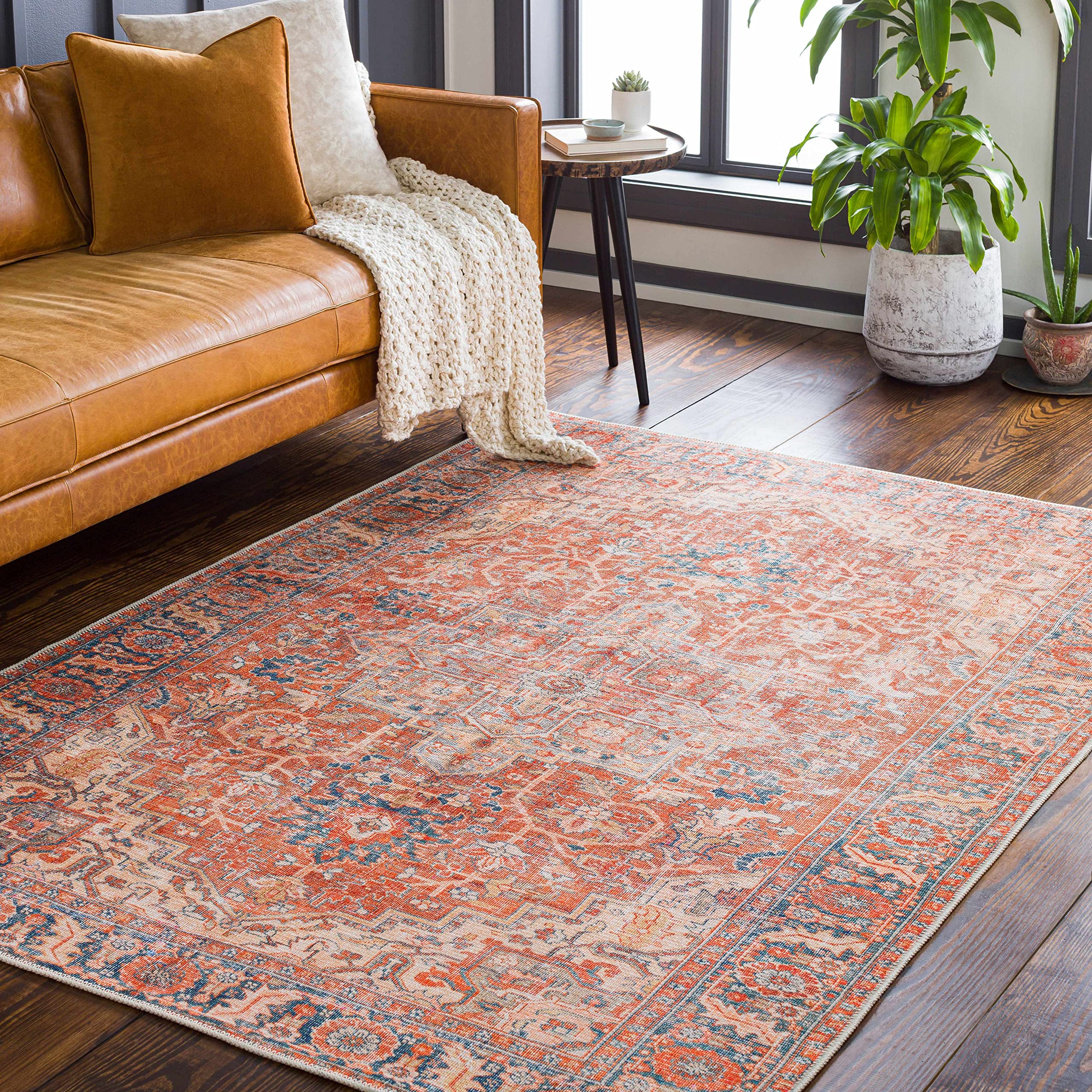 Hauteloom Sampao Traditional Orange & Blue Washable Area Rug 6'7