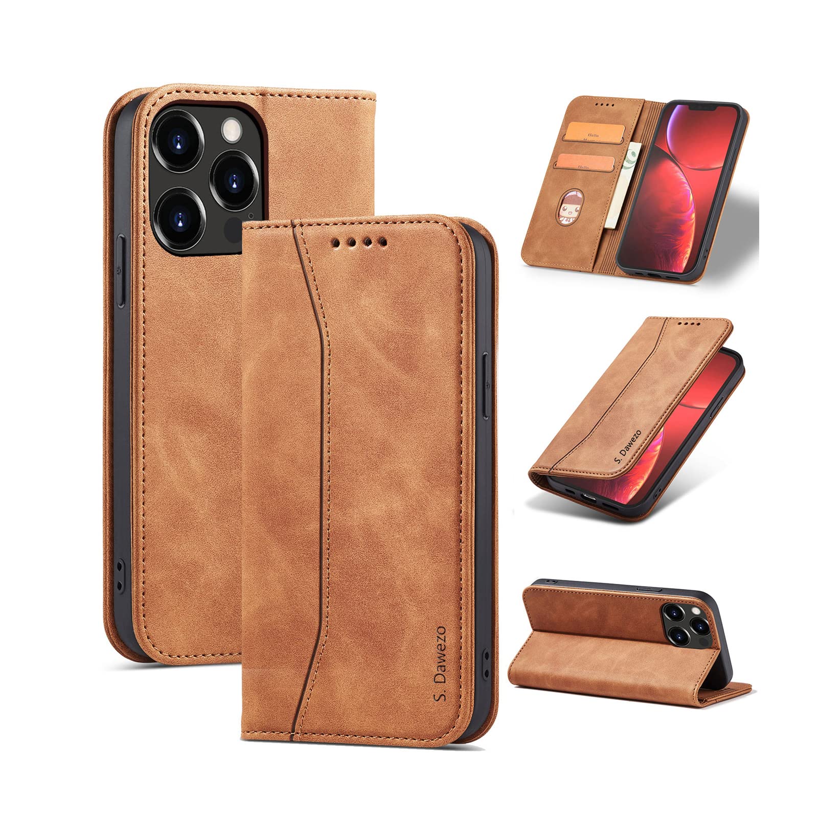 Premium Magnetic Matte Leather Flip Cover for iPhone 13 Pro - Shockproof Wallet Case with Card Slot & Stand Function | Full Protection Brown Leather Phone Case | Perfect for Work, Travel & Everyday Use