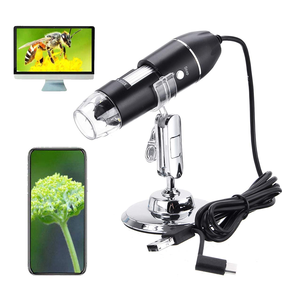 50X-1600X USB Type C Digital Microscope with Micro USB & OTG Adapter - 3-in-1 Endoscope Camera Compatible with iPad, Samsung Galaxy, Android, Mac & Windows - Perfect for PCB Repair, Coin Collection & Science Education