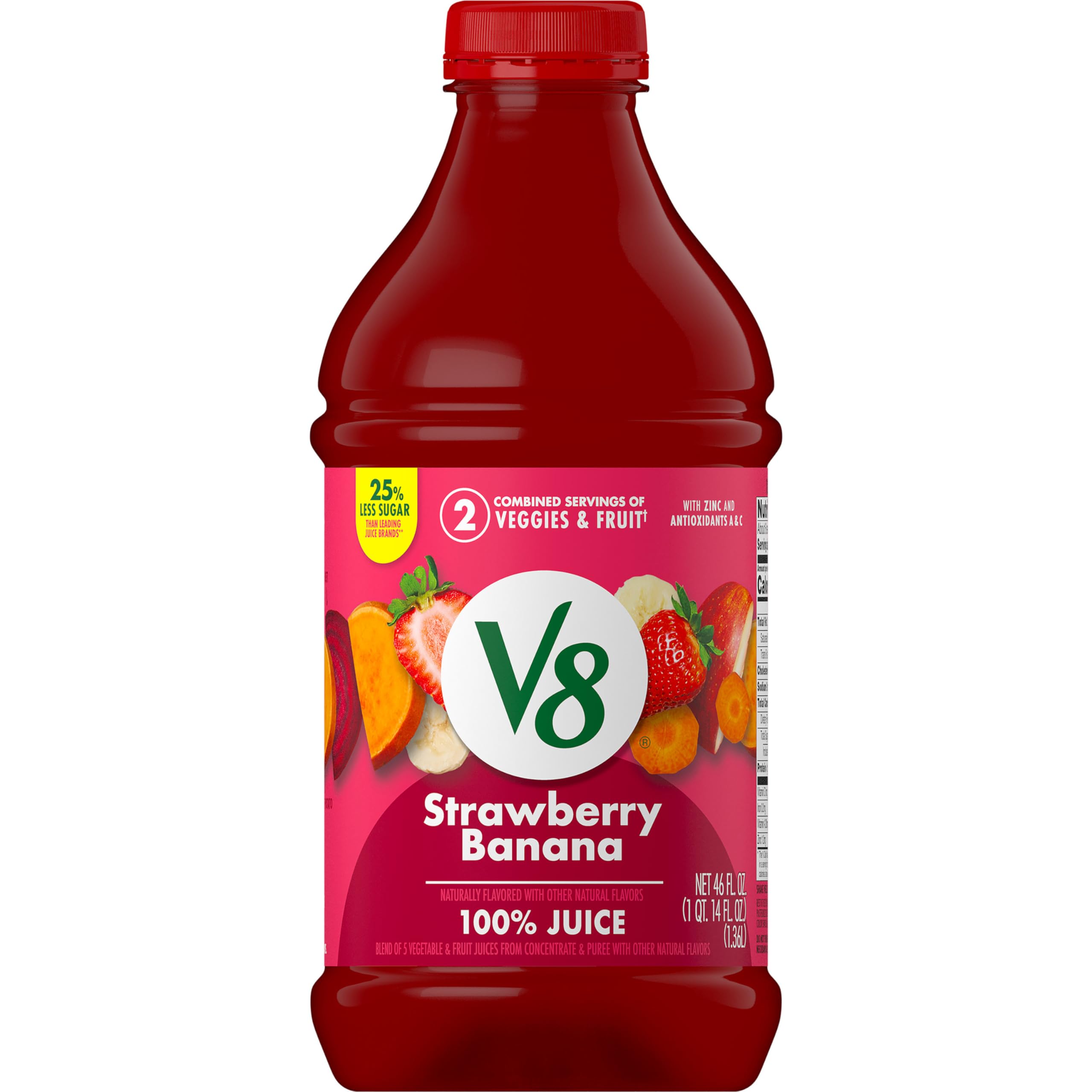 V8 Strawberry Banana 100% Fruit and Vegetable Juice - 46 fl oz Bottle - Healthy Drink for Breakfast, Workout & On-the-Go Hydration