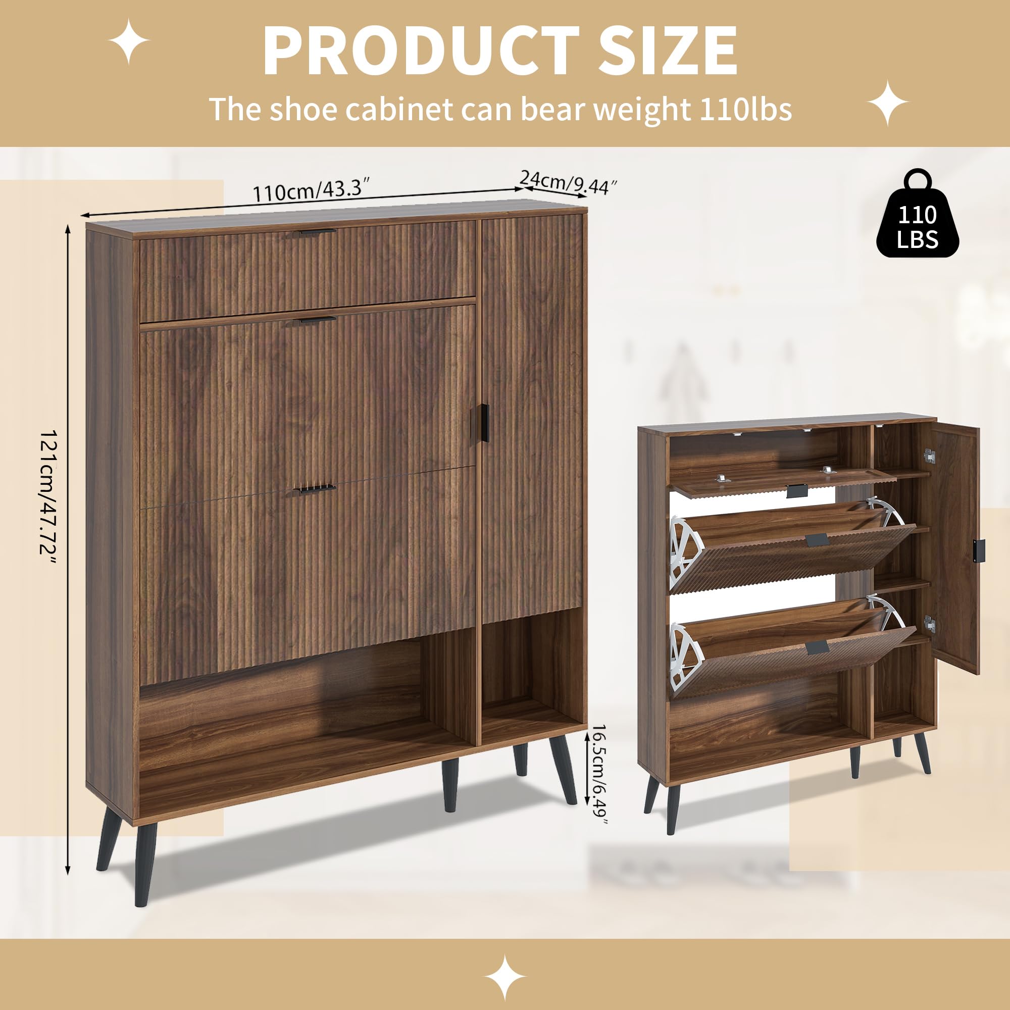 Shoe Storage Cabinet with 2 Flip Drawers - Narrow Freestanding Organizer with Doors & Adjustable Shelf - Slim Hidden Entryway Cabinet in Walnut - Perfect for Small Spaces, Closets & Mudrooms