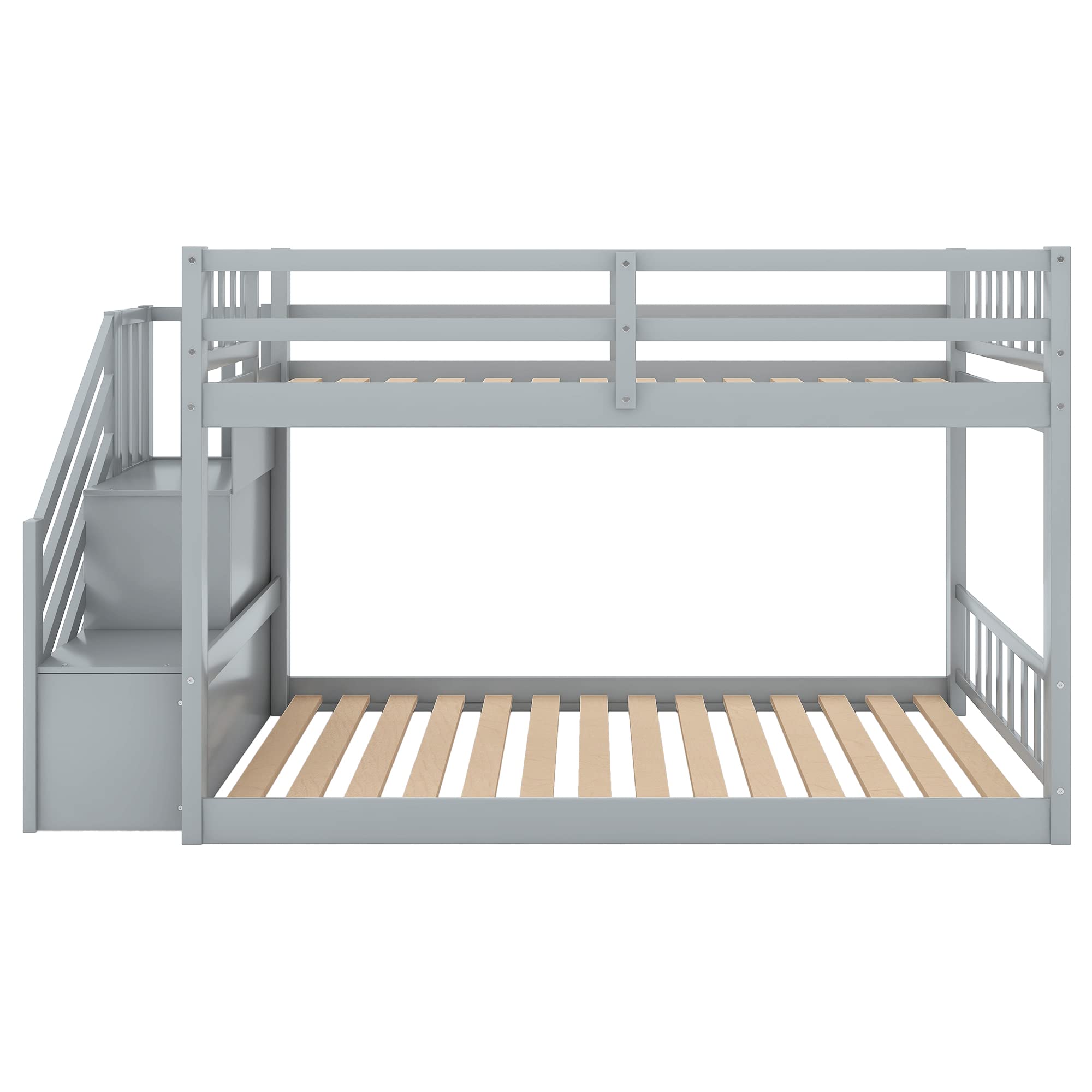 LZ LEISURE ZONE Twin Over Twin Solid Wood Bunk Bed Frame with Handrails & Wide Step Ladder - Grey Twin Size Floor Bunk Bed with Storage | Perfect for Kids' Bedroom, Guest Room & Space-Saving Solutions