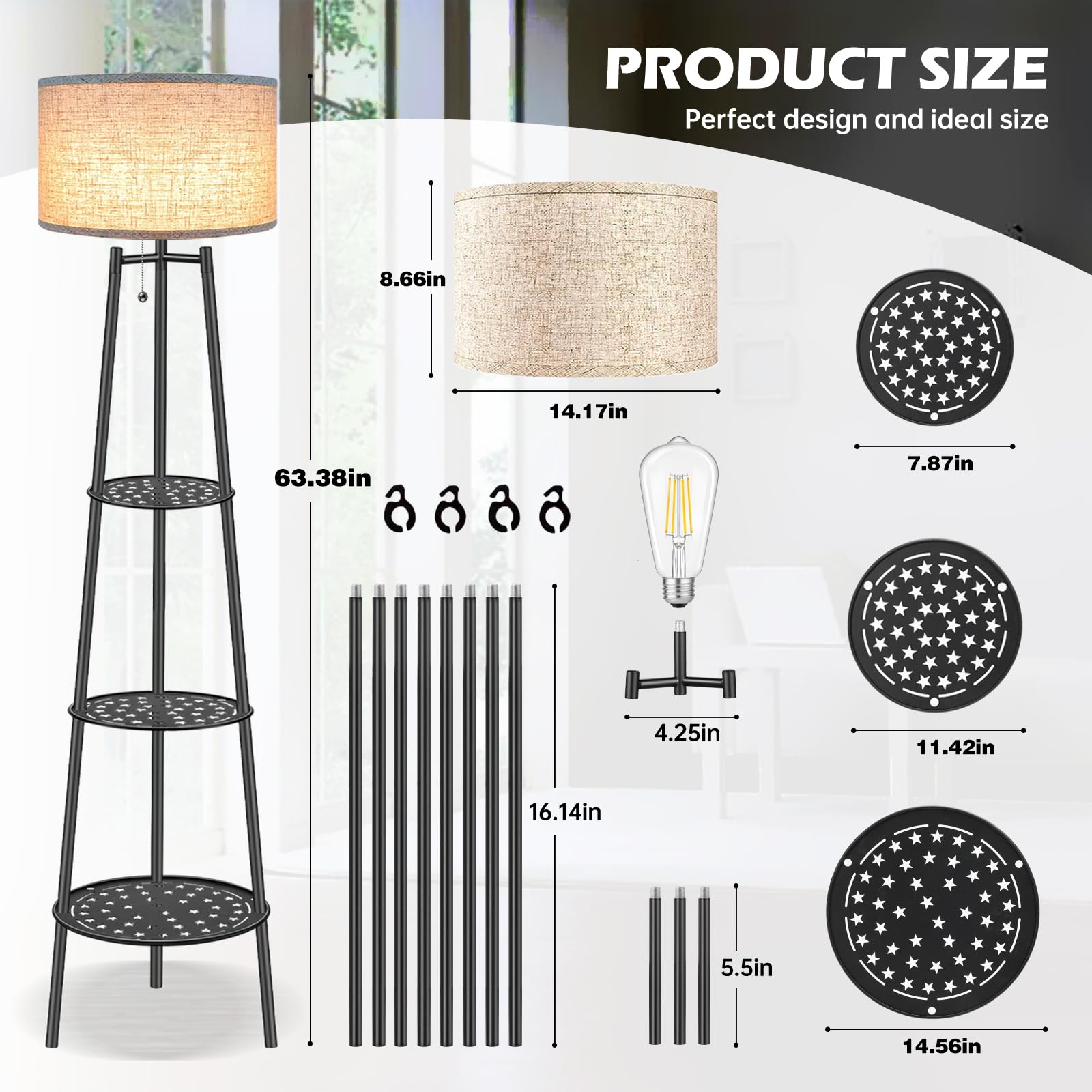 Modern Floor Lamp with Shelves - Black Standing Lamp for Living Room, Bedroom, or Office - Elegant Tall Lamp with Linen Shade - Perfect for Reading Nook, Home Decor, and Workspace Lighting