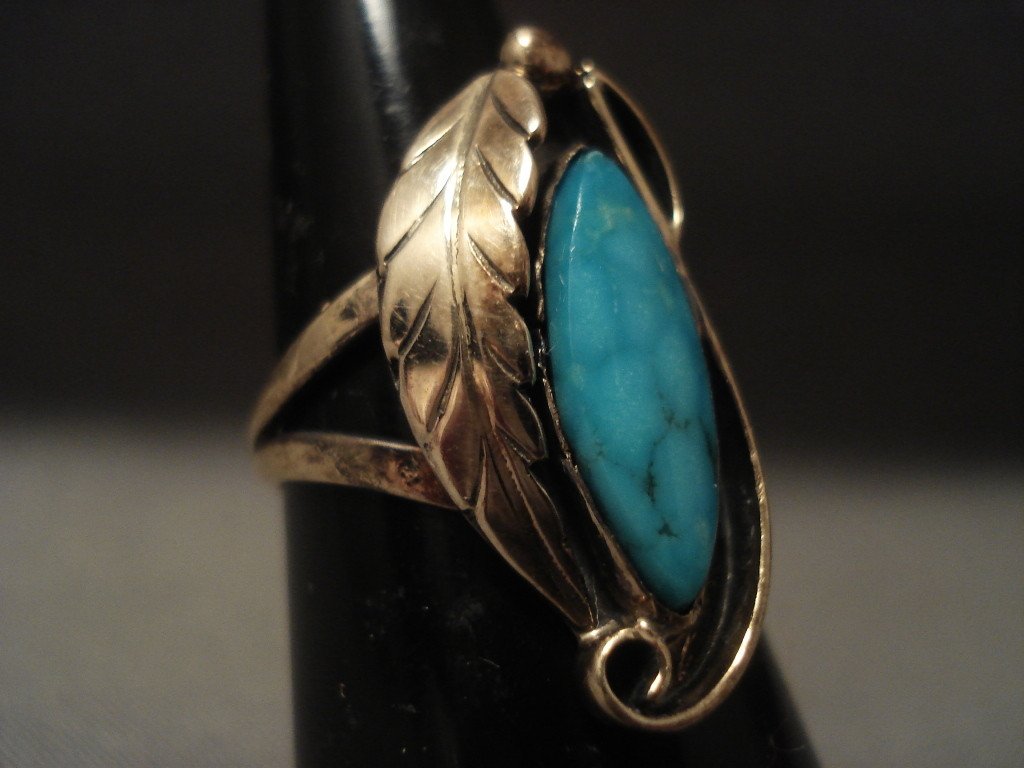 14K Gold Vintage Navajo Native American Turquoise Ring with Blue Diamond - Handmade Southwest Jewelry for Women, Boho Chic Accessories, Perfect for Weddings, Parties & Everyday Wear