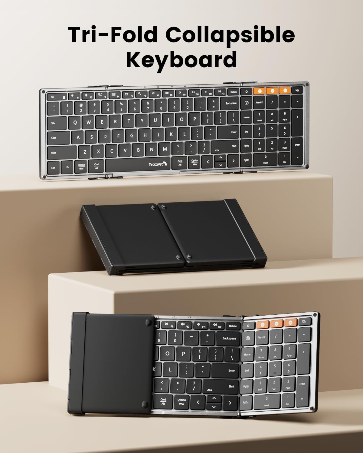 ProtoArc XK01 Plus Backlit Foldable Bluetooth Keyboard - Full-Size Portable Wireless Keyboard for iPad, Tablet, Smartphone, Laptop & PC - Perfect for Travel, Office & Home Use with Adjustable Backlight