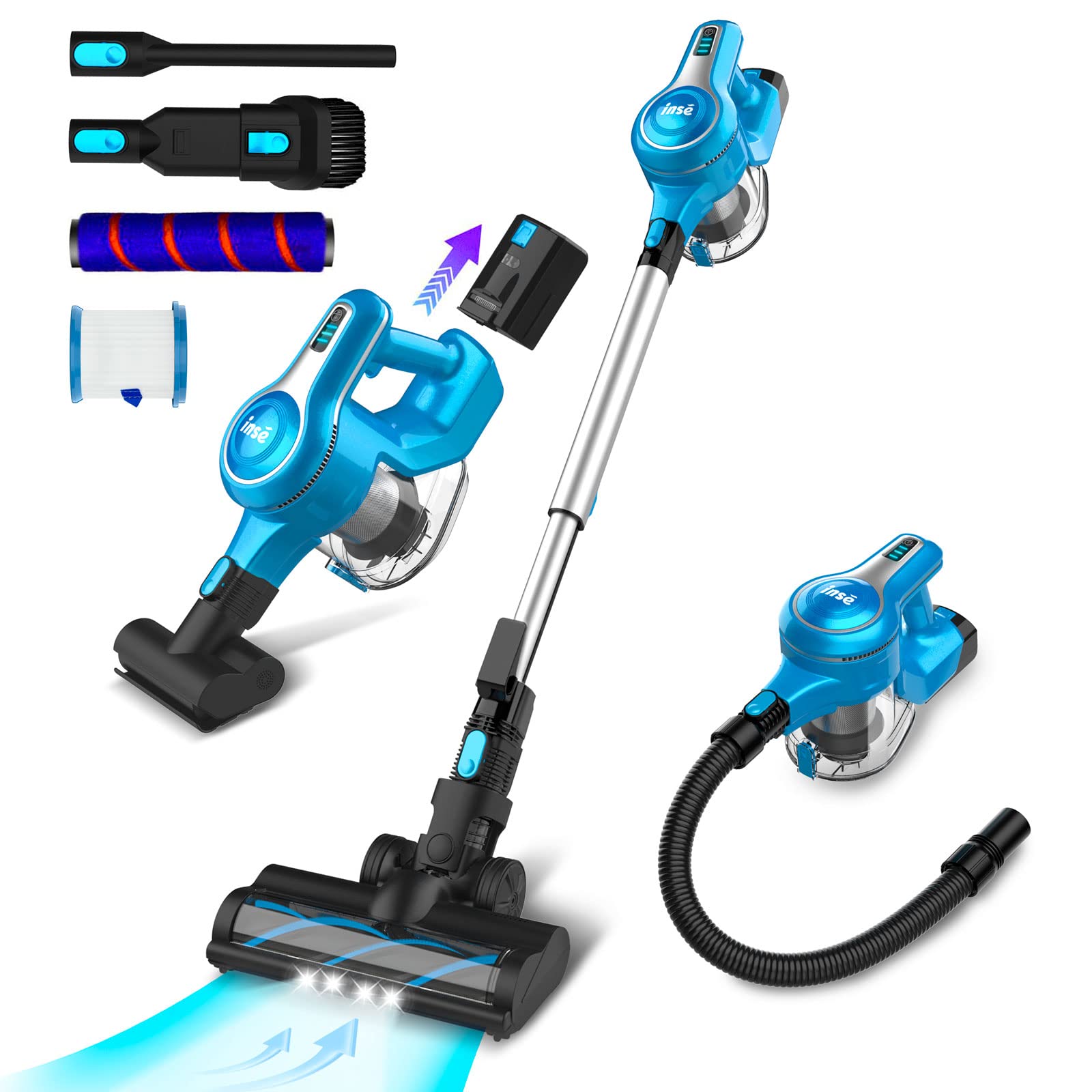 INSE 28KPa 300W Powerful Cordless Stick Vacuum Cleaner - Rechargeable, 45min Runtime, 10-in-1 Lightweight for Carpet, Hard Floor & Pet Hair - Perfect for Home, Car, Stairs Cleaning
