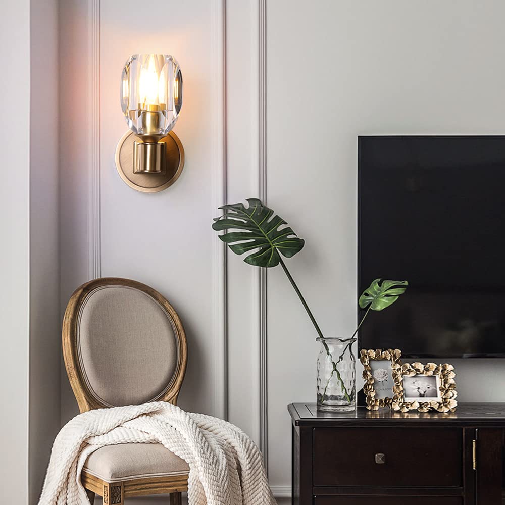 Luxury Crystal Wall Light - All Copper Indoor Wall Lighting Fixtures, Bedroom Wall Sconces with E14 LED Bulbs | Nordic Minimalist Design for Living Room, Bedside & Hallway Decor