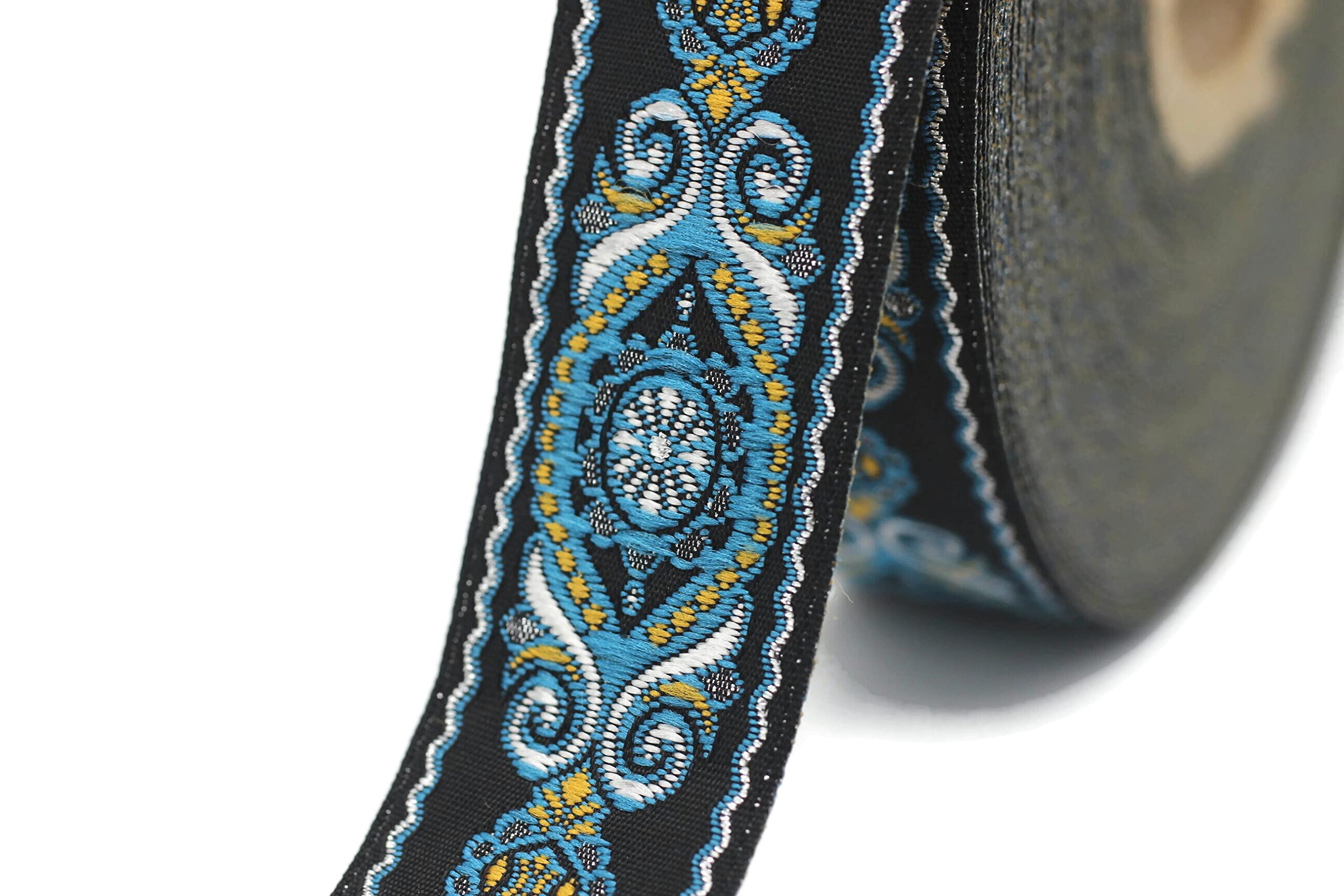 11 Yard Spool - 0.98 Inch Wide Blue & Black Jacquard Ribbon for Sewing, Crafting, and Decoration | Woven Embroidered Trim for DIY Projects, Gift Wrapping, and Home Décor