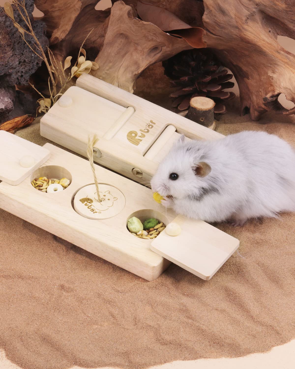 **Wooden Small Animal Foraging Toys - 2Pcs Guinea Pig, Hamster, Rabbit Chew Toys with Hide & Treat Compartments - Interactive Enrichment for Chinchillas, Rats, Gerbils & Dwarf Hamsters - Perfect for Cage Play & Mental Stimulation**